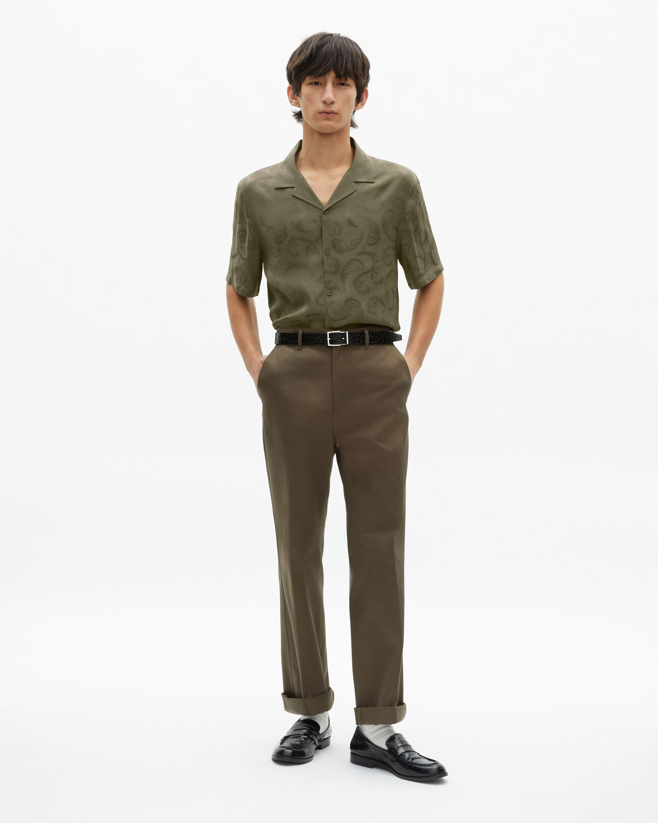 The Kooples H OLIVE KAKI short-sleeved khaki jacquard shirt