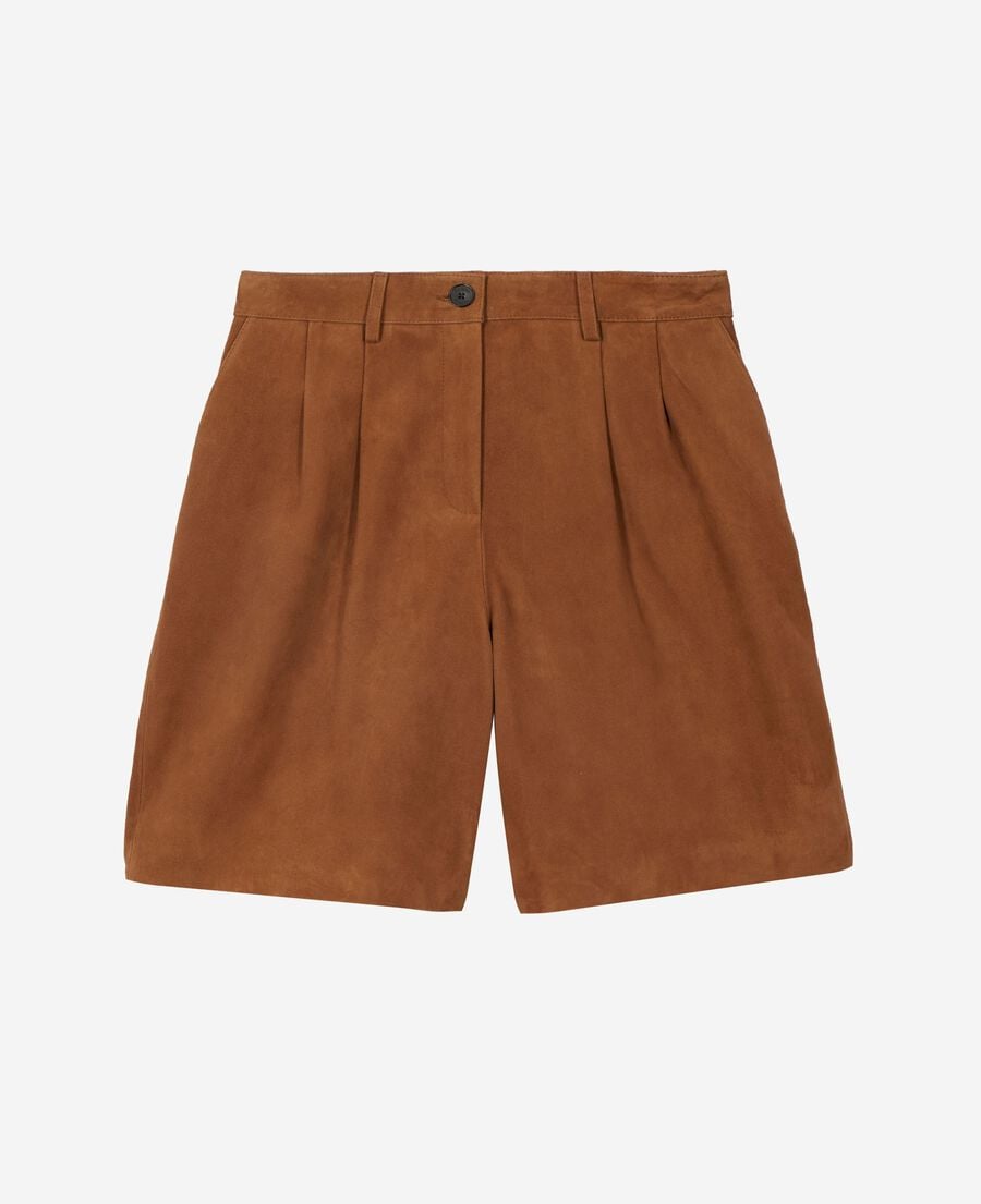 The Kooples FEMME CAMEL bermuda &agrave; pinces en cuir su&egrave;de camel