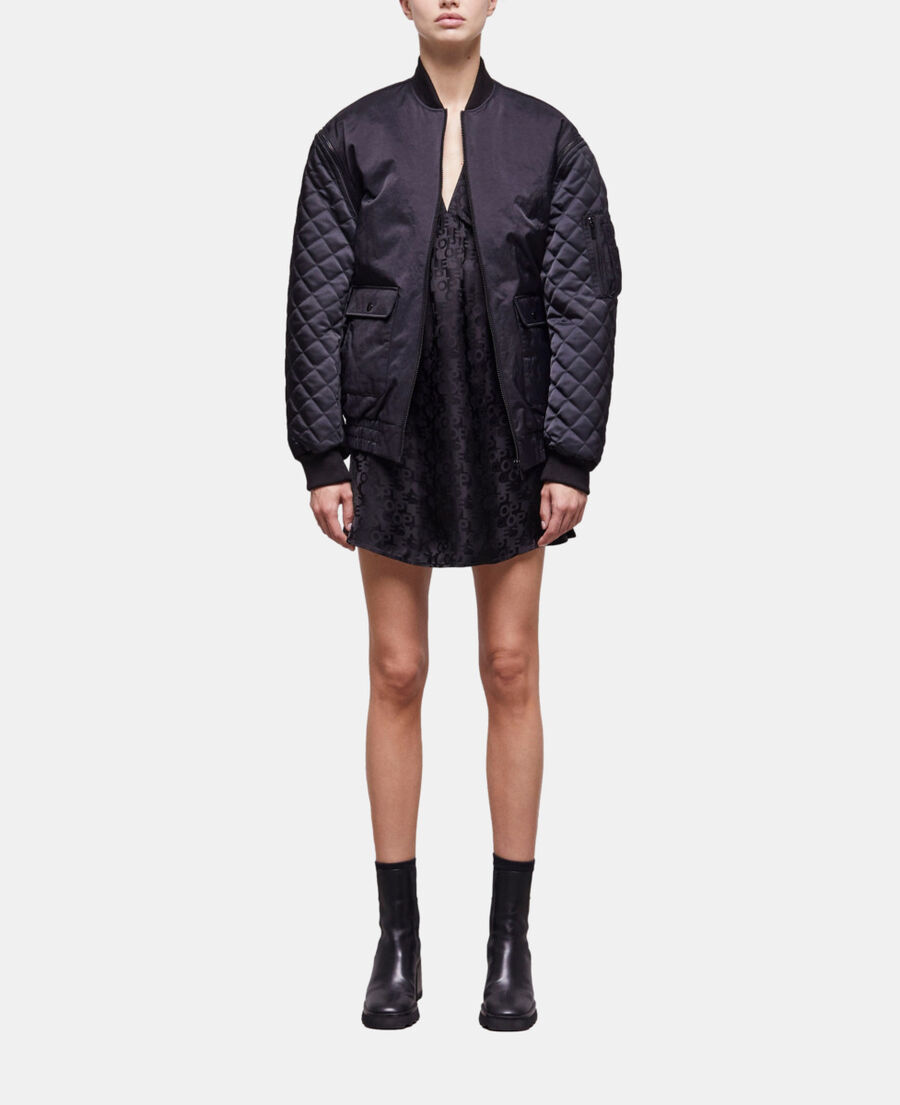 black satin bomber jacket with detachable sleeves