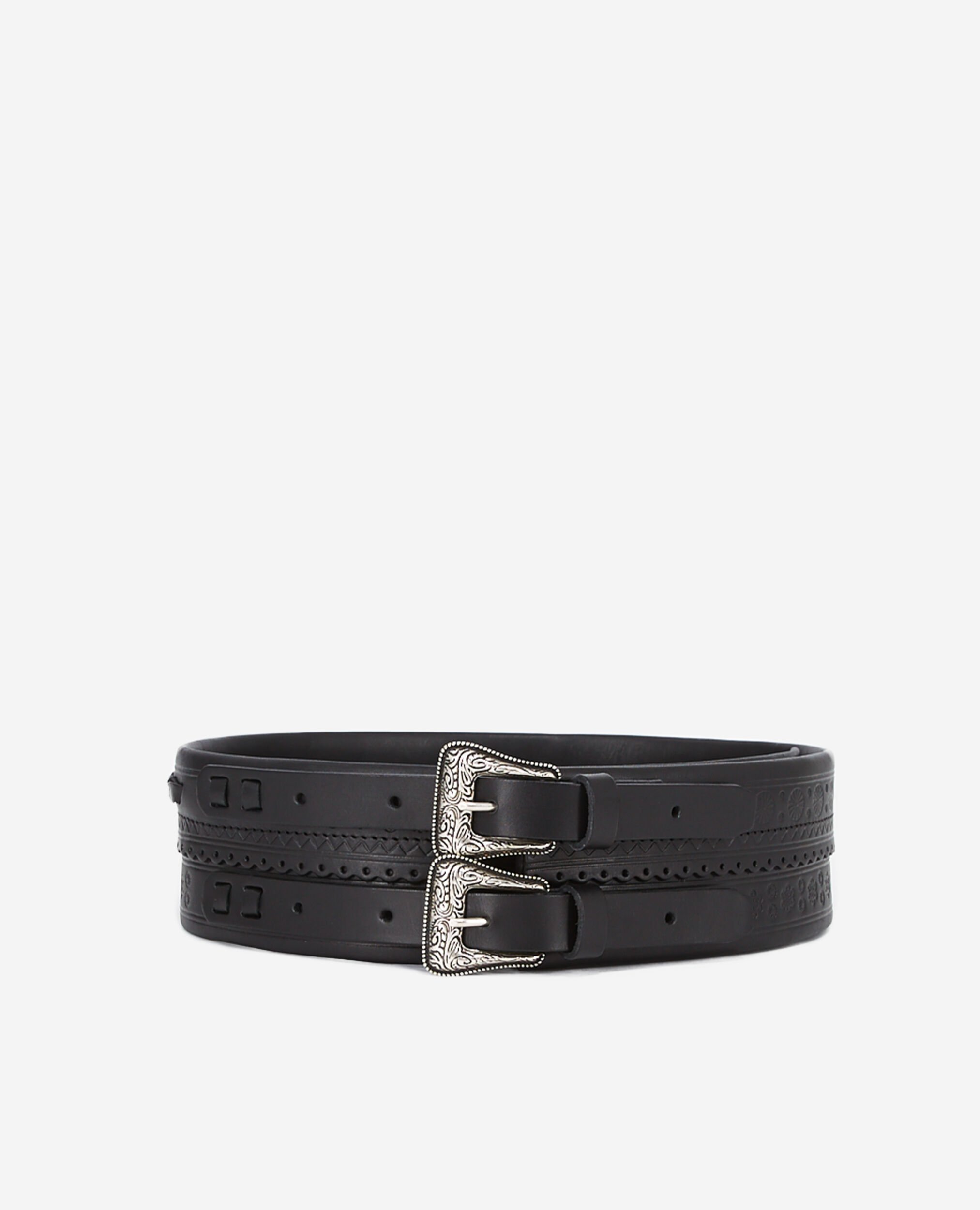 Ceinture noire large en cuir avec double boucle, BLACK, hi-res image number null