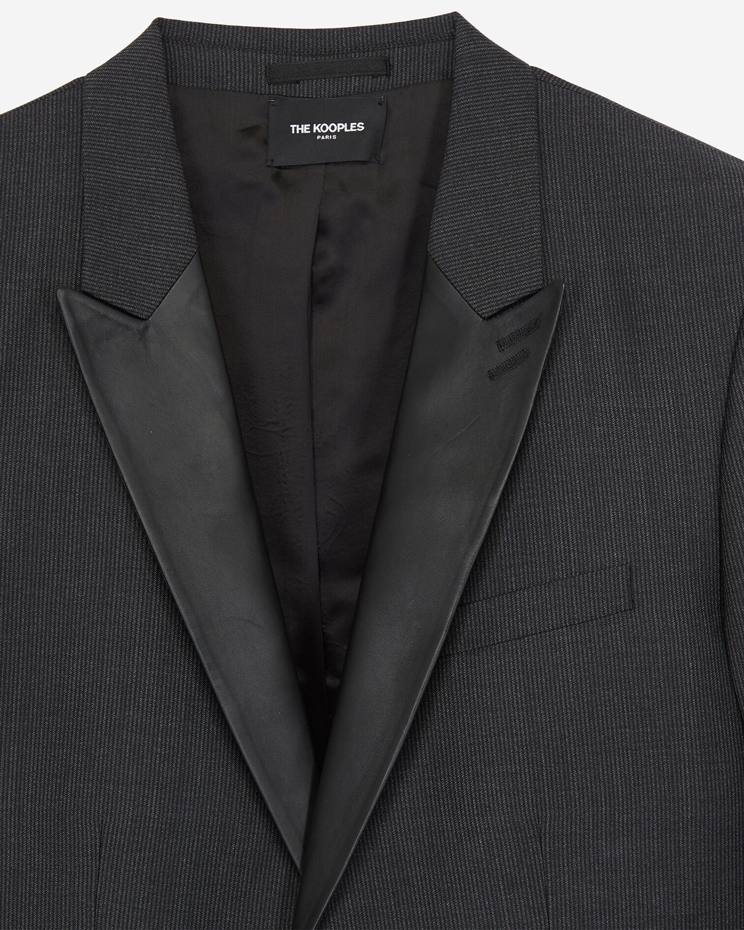 Veste en laine grise avec revers de col en cuir, BLACK GREY, hi-res image number null