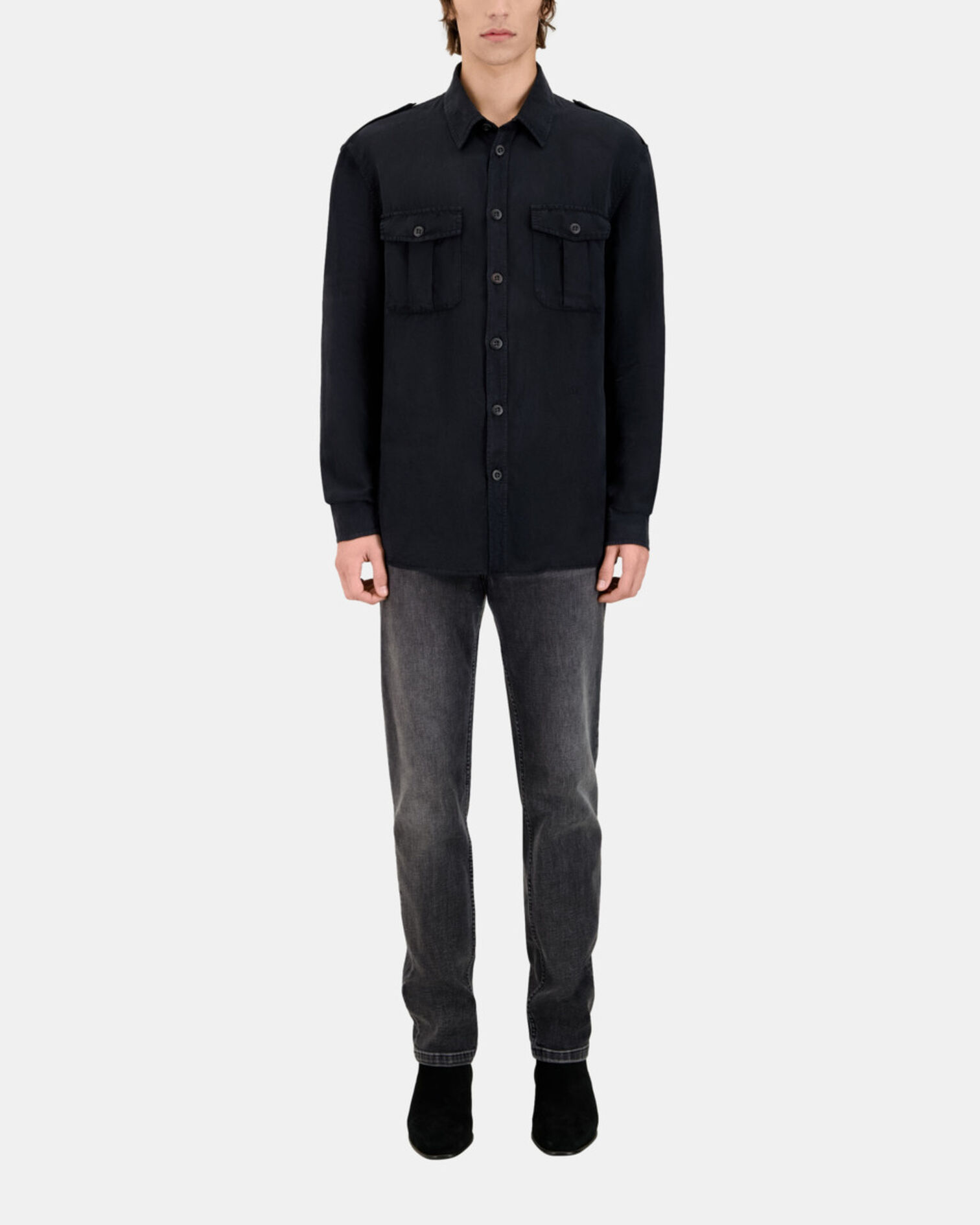 Black lyocell and linen shirt, BLACK, hi-res image number null