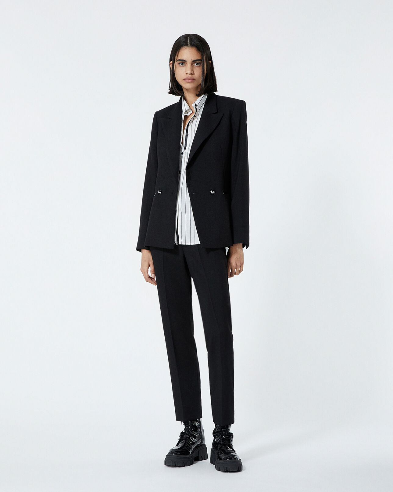 The Kooples FEMME BLACK veste laine noire détail cuir façon croco