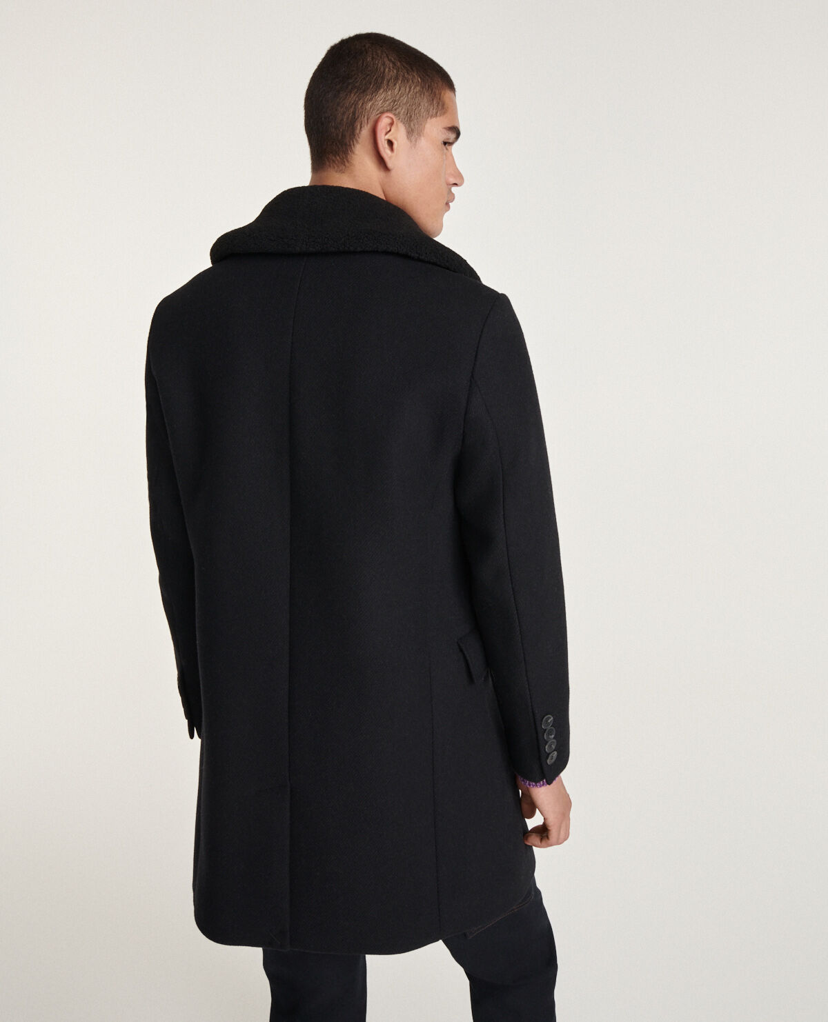 Long black wool cheap coat with fur collar