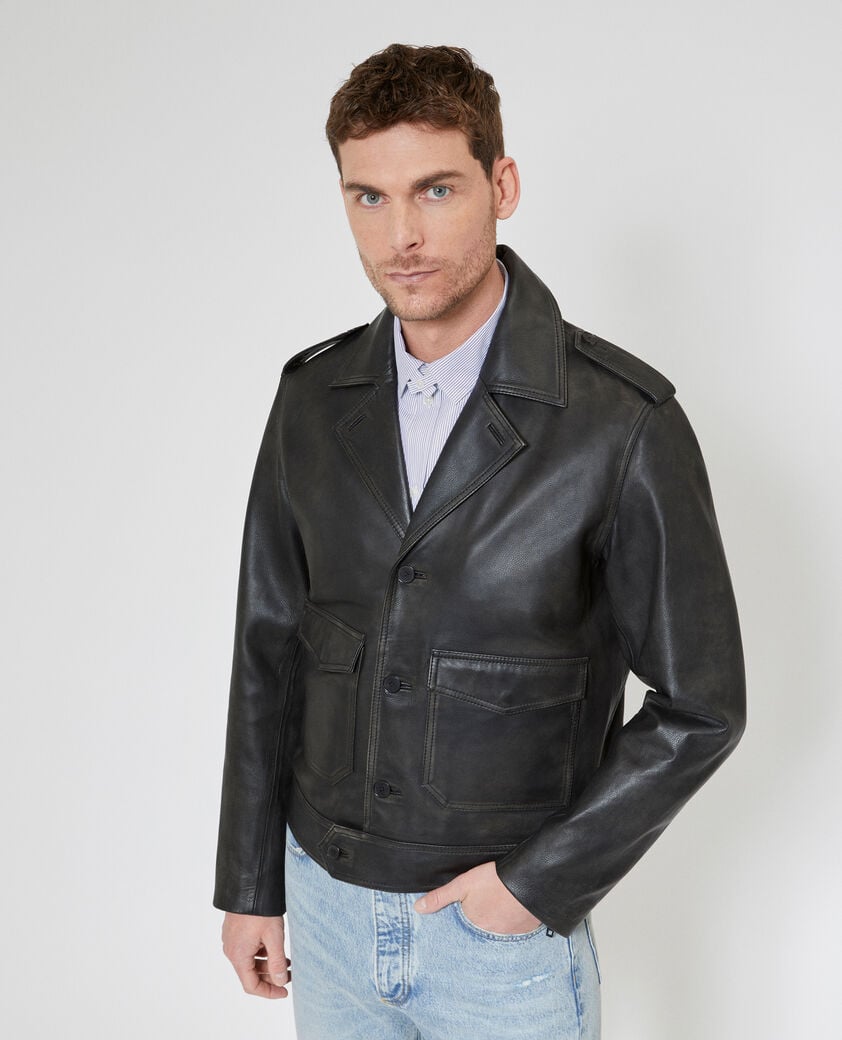 The Kooples MEN BLACK black leather button-down jacket