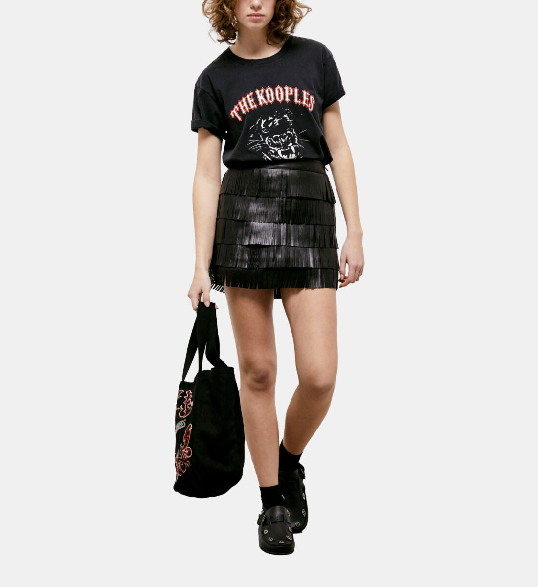 Black leather skirt graphic cheap tee