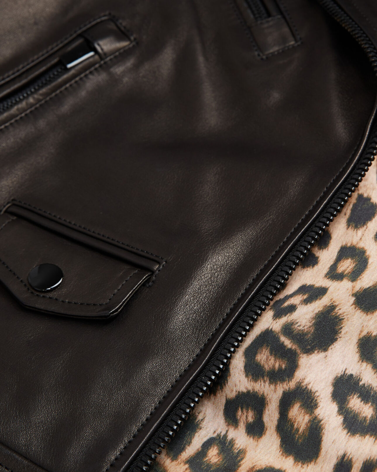 The Kooples FEMME BLACK blouson en cuir noir doublure léopard