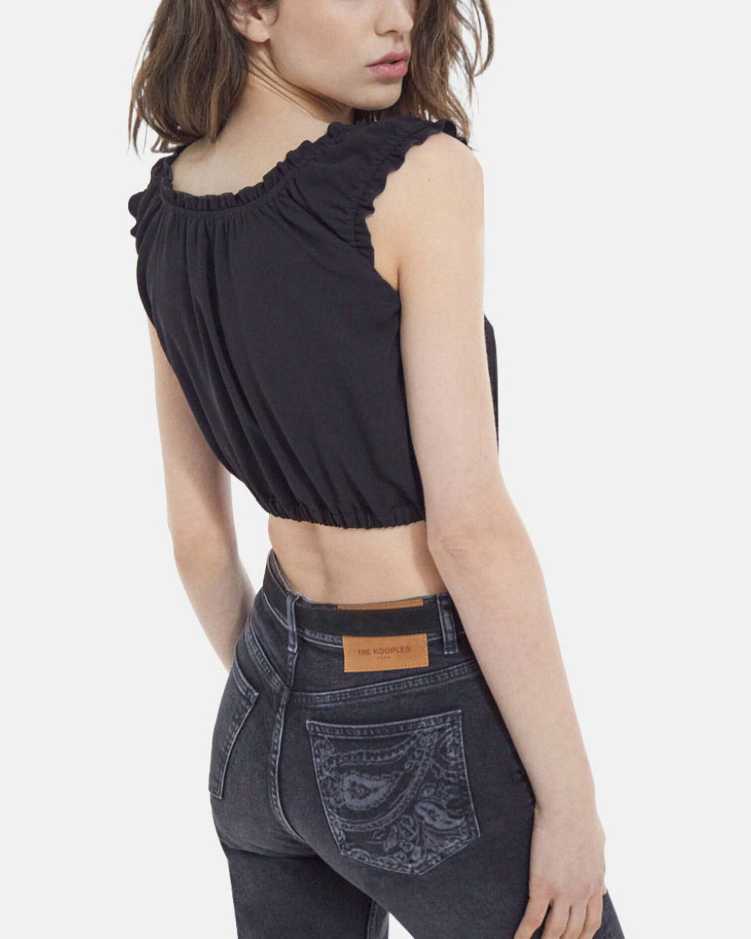 Black crepe top with short puffed sleeves, BLACK, hi-res image number null