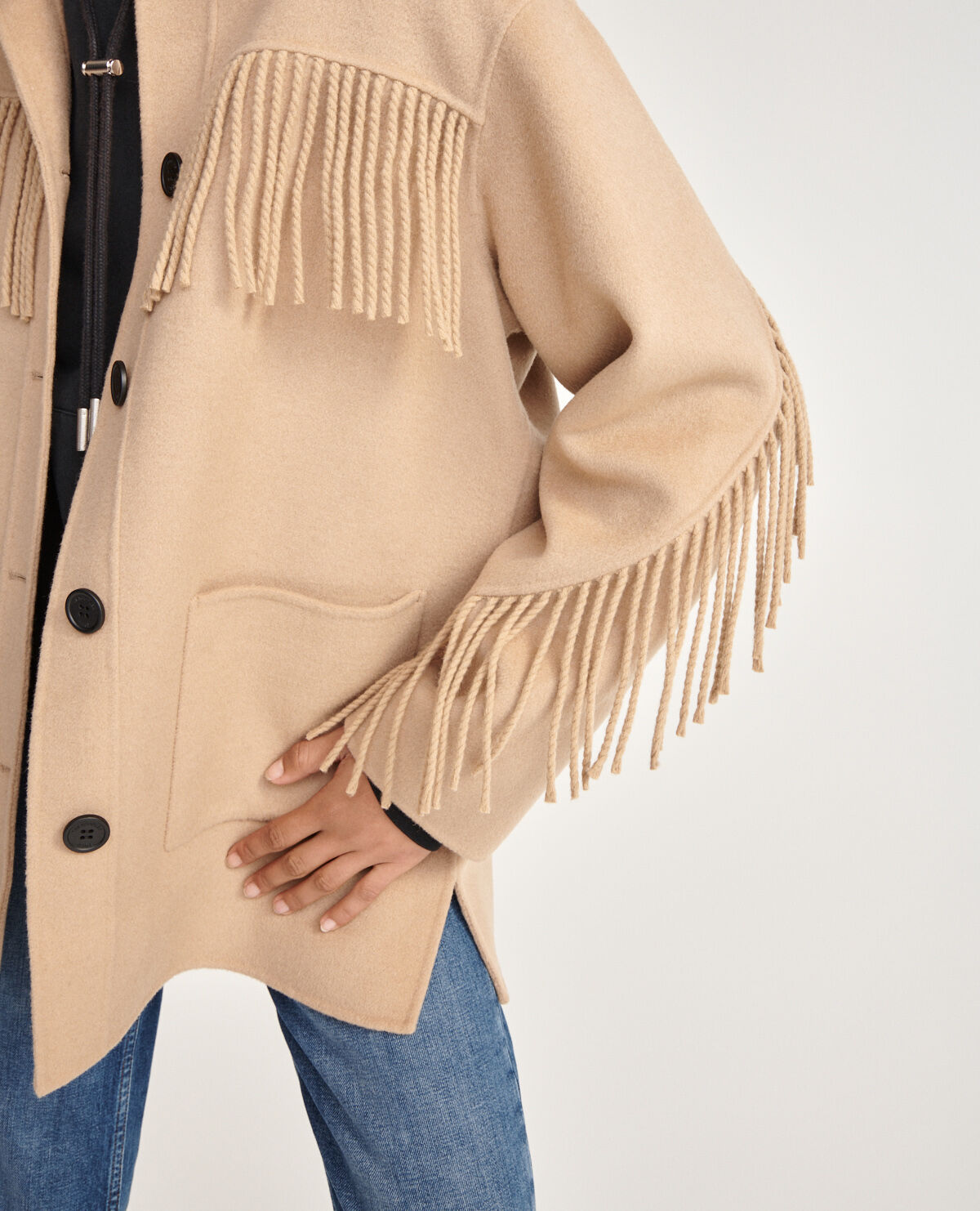 Camel wool jacket with western fringing The Kooples US