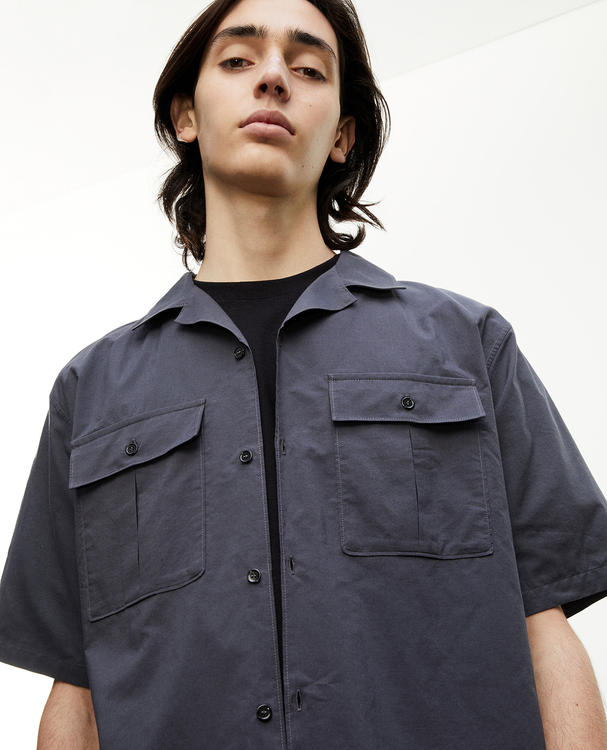 Camisa algodón gris antracita bolsillos, DARK GREY, hi-res image number null
