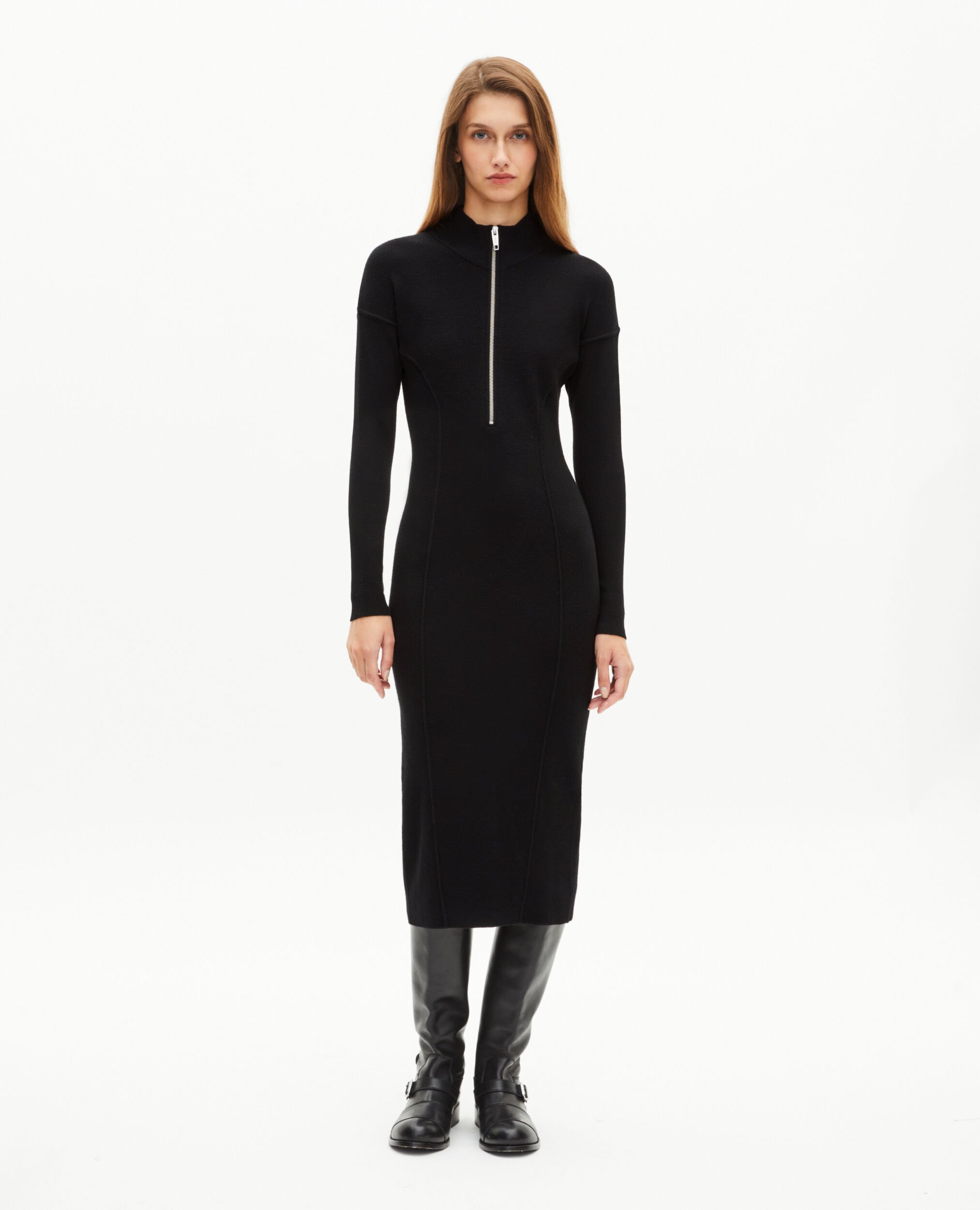 Long black wool-blend dress with zipped collar, BLACK, hi-res image number null