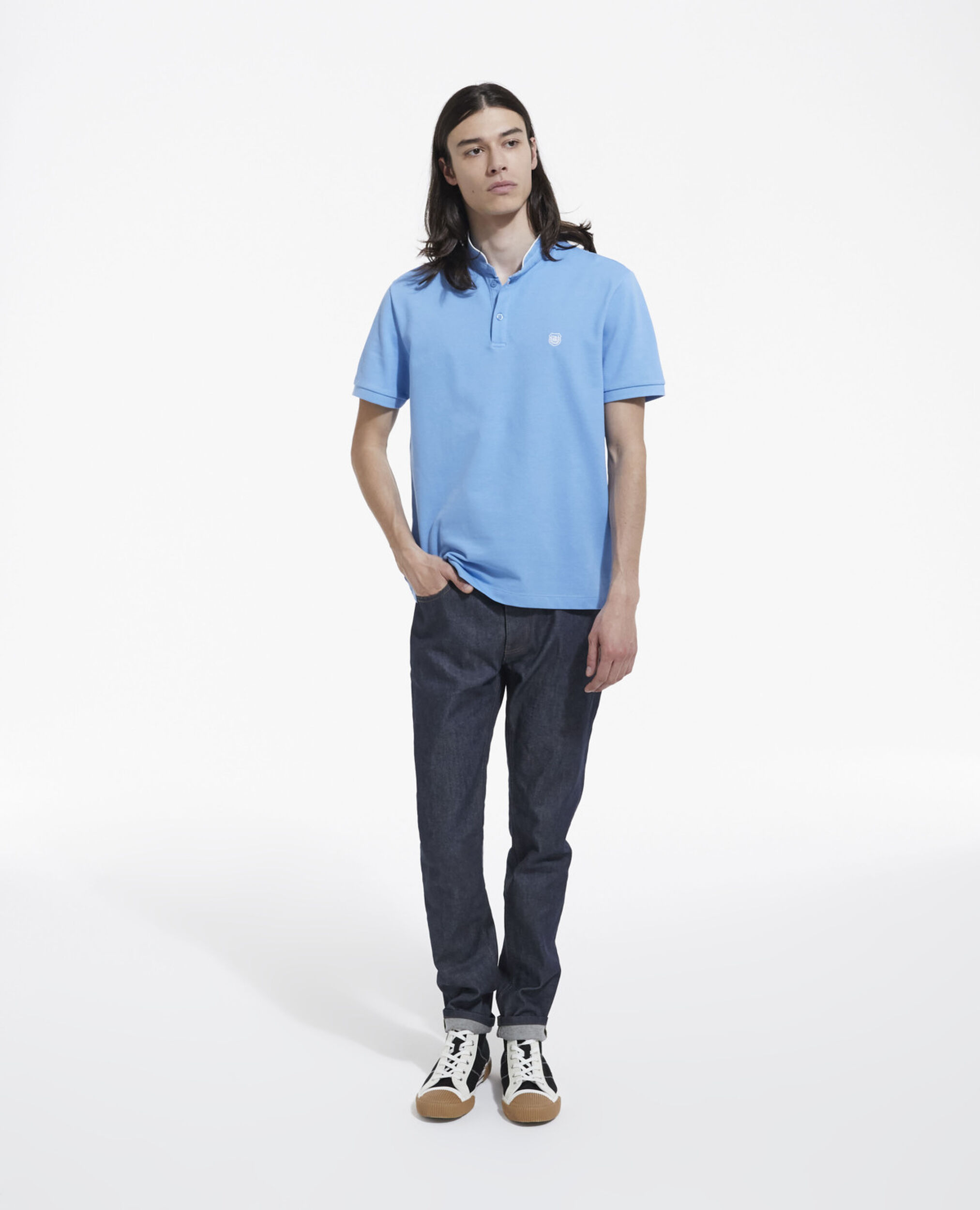 Embroidered blue polo w/ buttoned officer collar, BLUE / WHITE, hi-res image number null