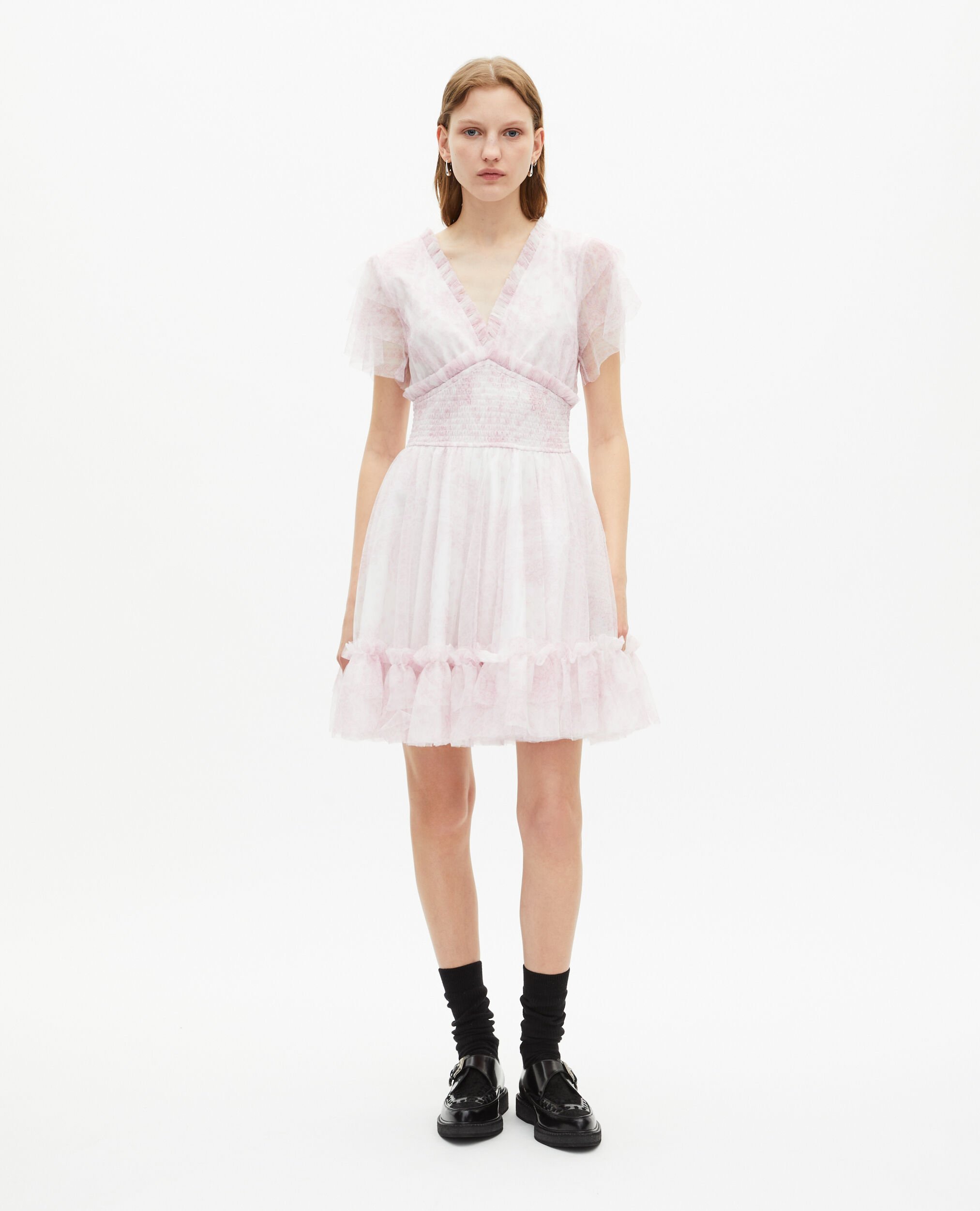 Short dress in pale pink printed tulle, WHITE - PINK, hi-res image number null