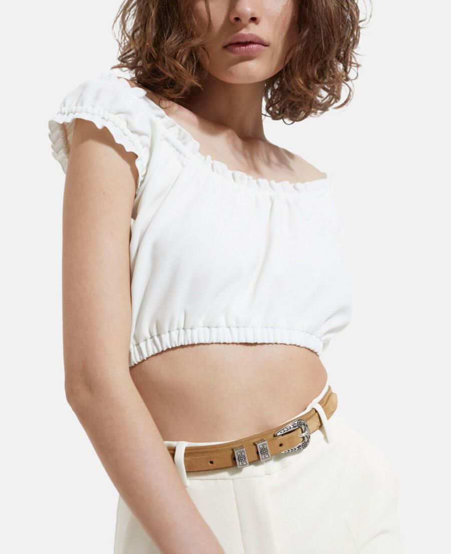 The Kooples F OFF WHITE ecru crepe top with short puffed sleeves