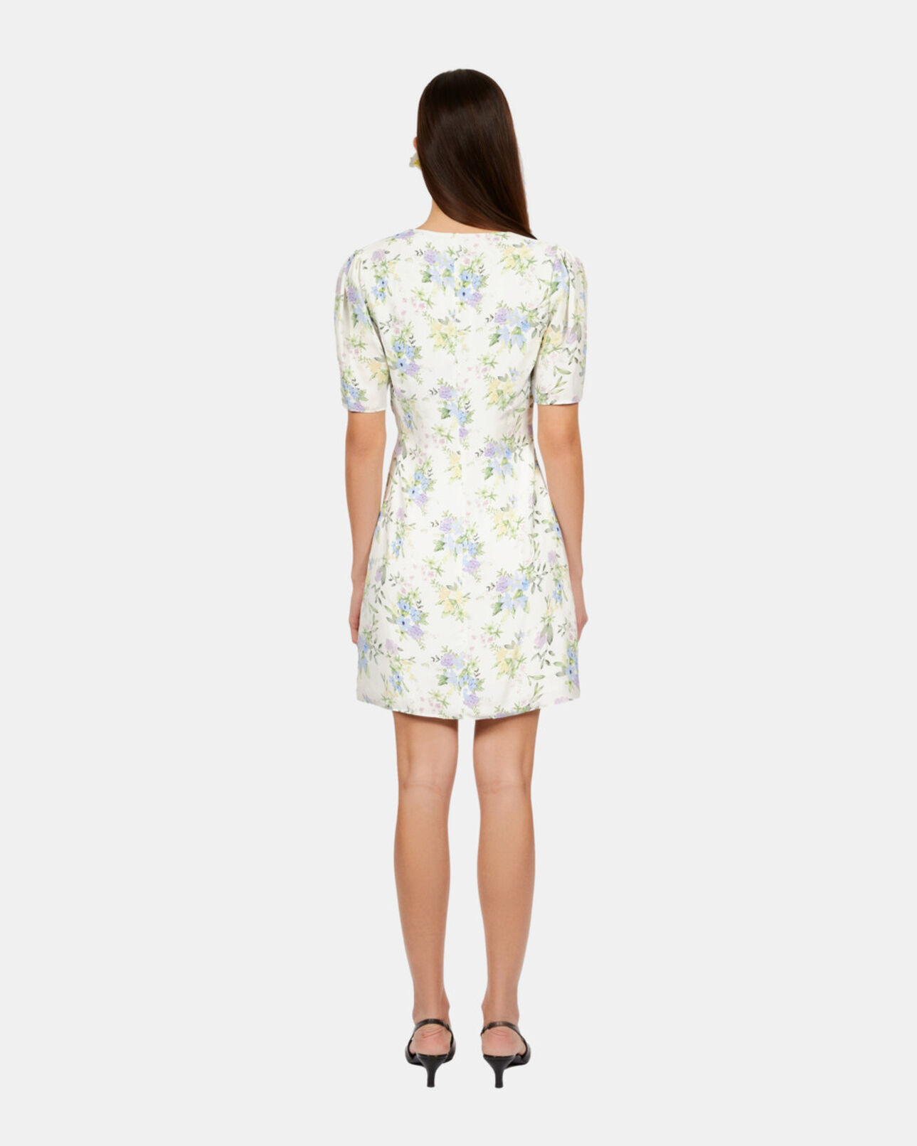 The Kooples WOMEN LIGHT BLUE/WHITE white floral short sleeve short dress with shirring