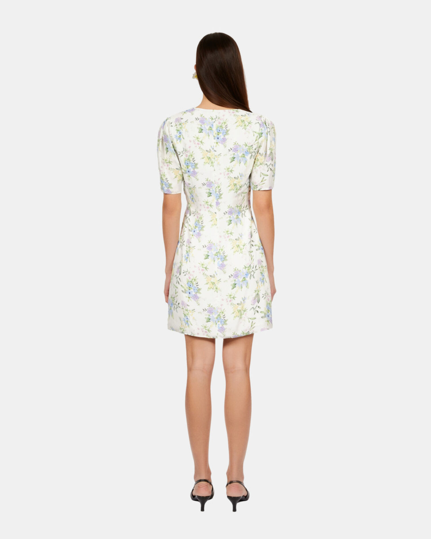 White floral short sleeve short dress with shirring, LIGHT BLUE/WHITE, hi-res image number null