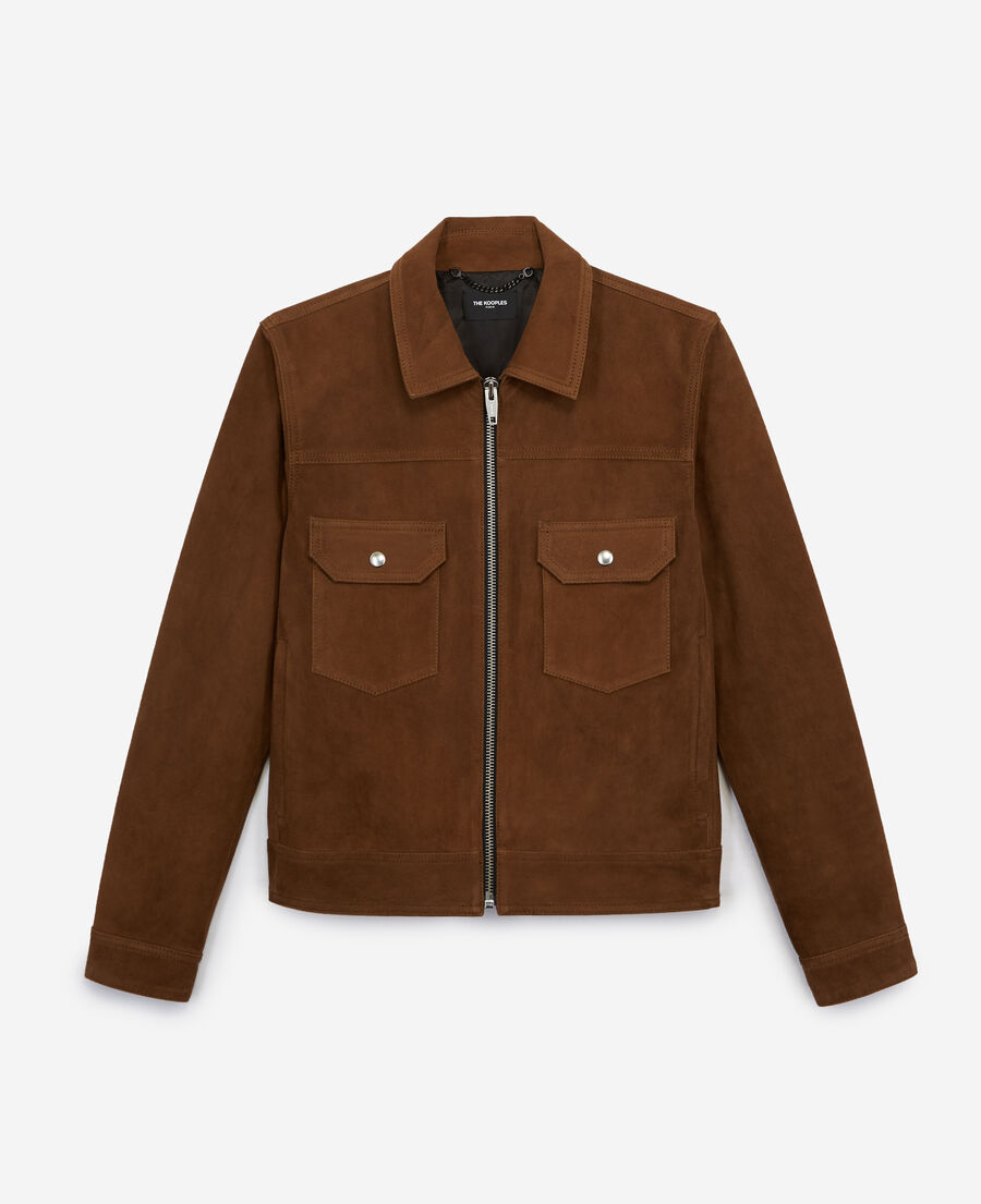 brown suede-effect winter leather jacket
