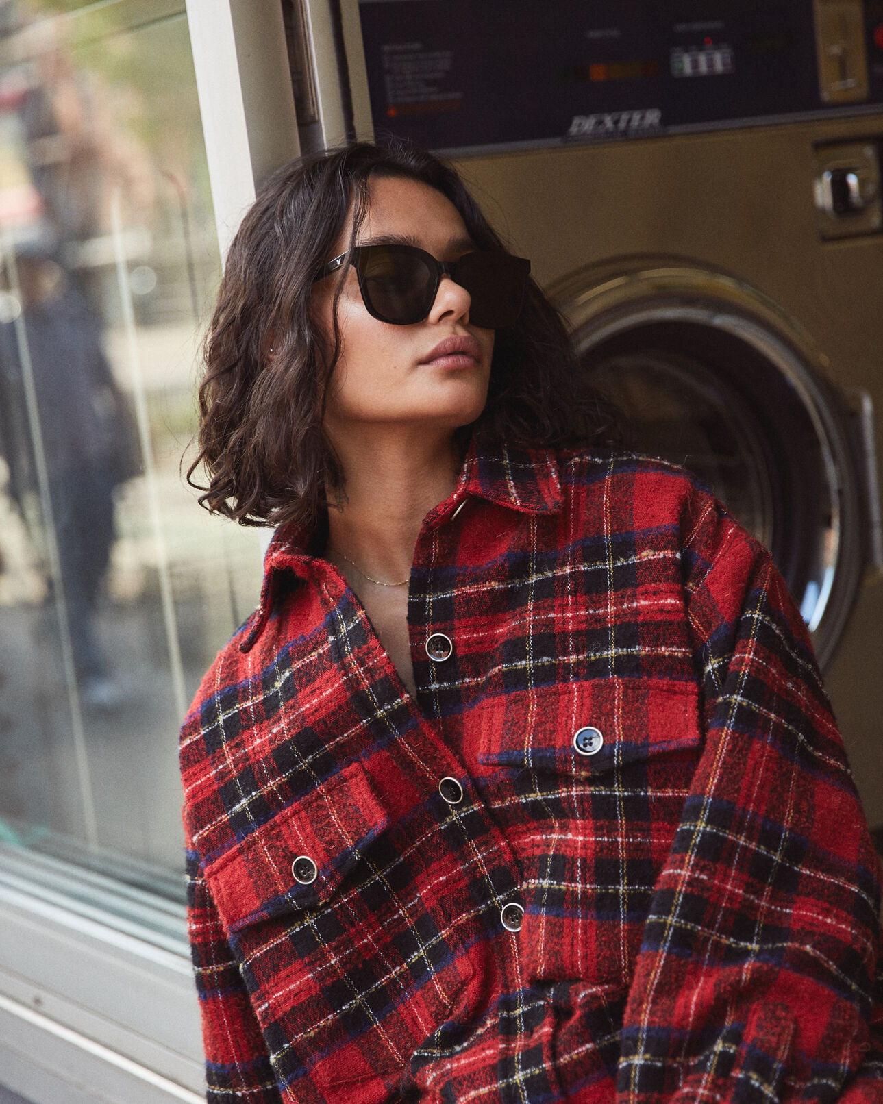 The Kooples FEMME BLACK - RED manteau bi-matière à carreaux