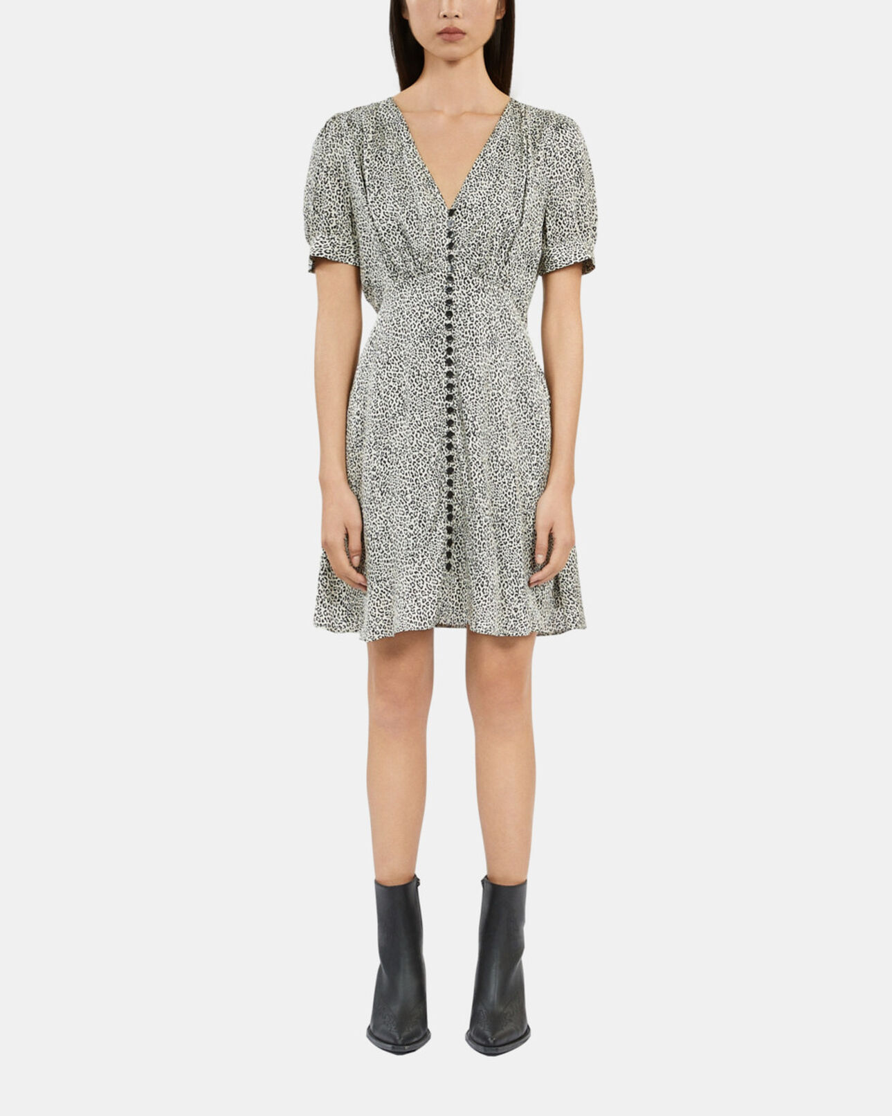 The Kooples WOMEN BLACK WHITE ivory and black leopard print short dress with buttons