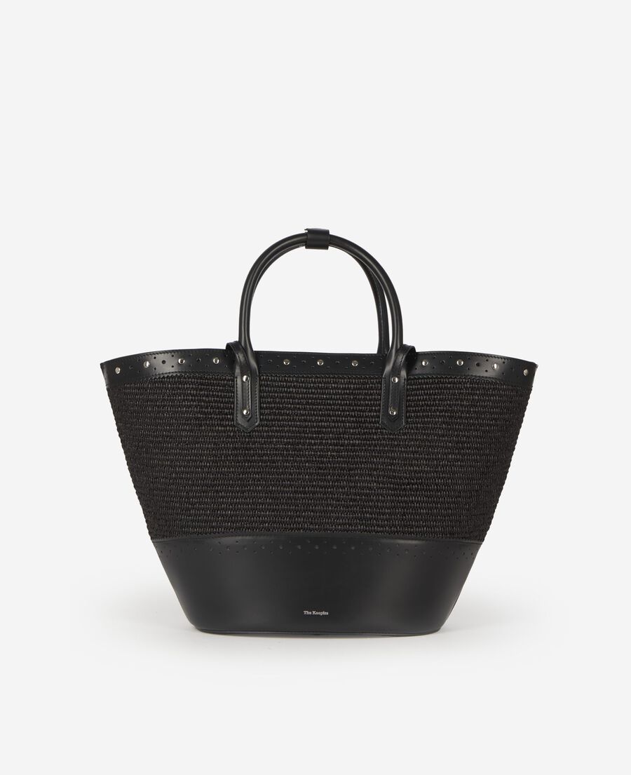 The Kooples FEMME BLACK sac cabas en cuir et raphia noir
