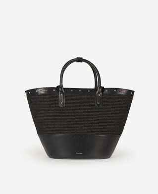 The Kooples FEMME BLACK sac cabas en cuir et raphia noir