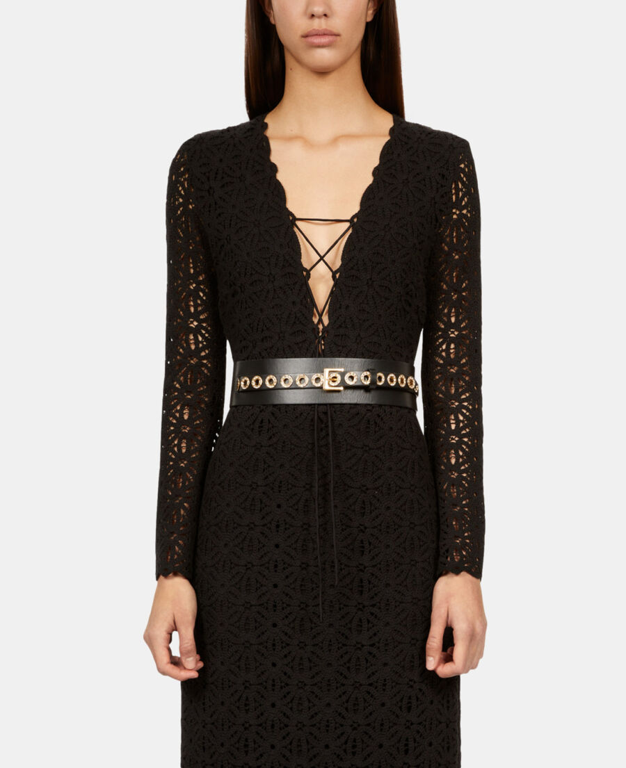 The Kooples FEMME BLACK ceinture large en cuir noir avec œillets et strass