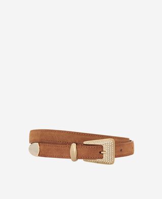 The Kooples WOMEN COGNAC camel suede western buckle belt with gold rhinestones