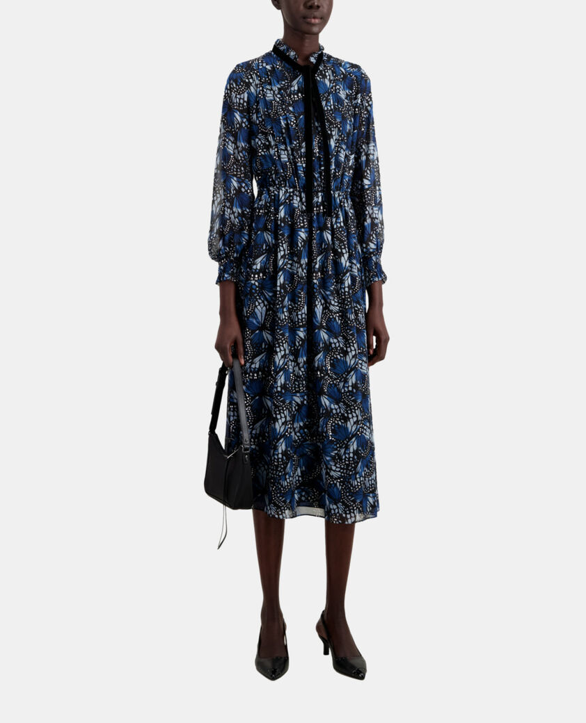 The Kooples WOMEN BLUE long printed dress with pleating