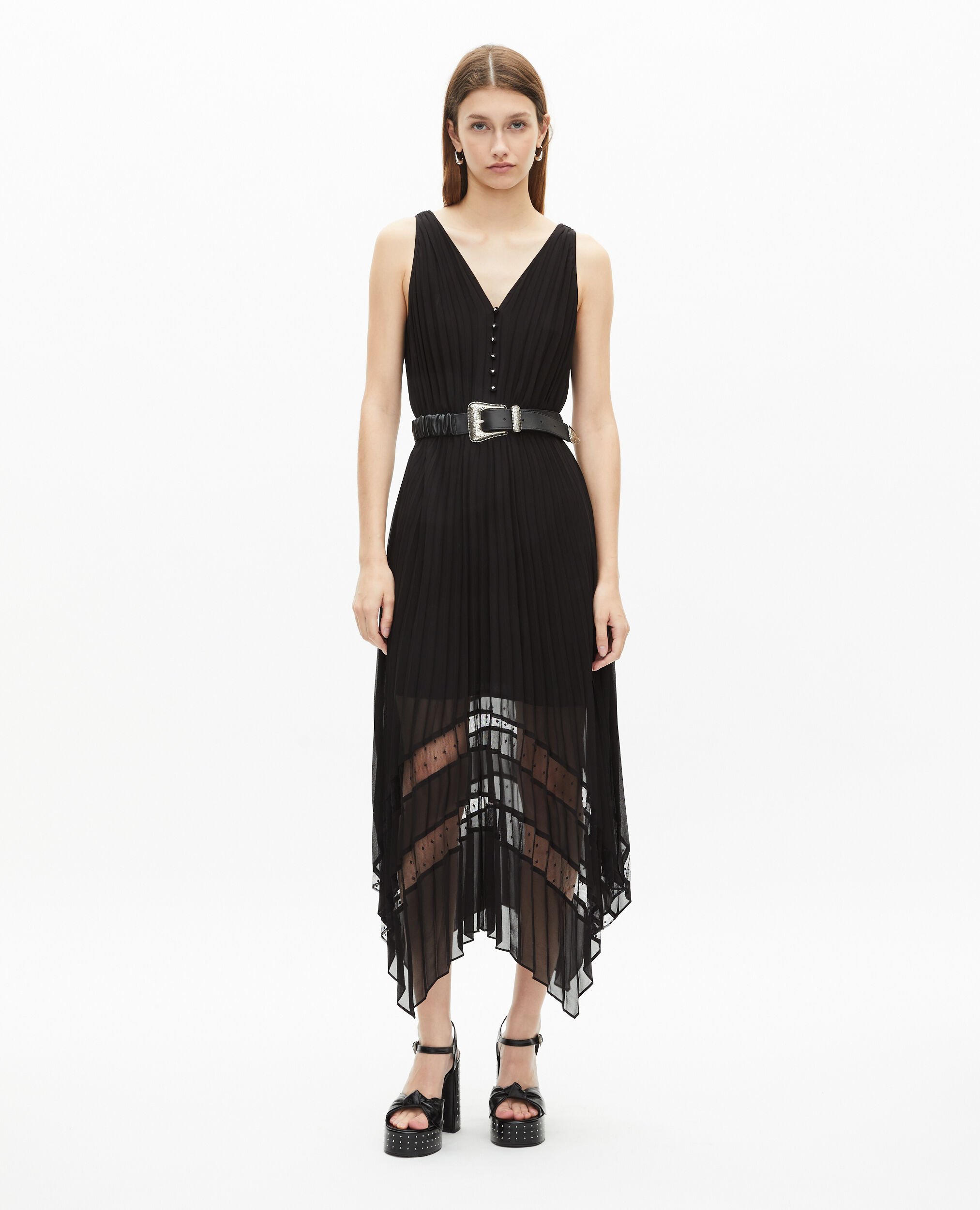 Black pleated long dress, BLACK, hi-res image number null