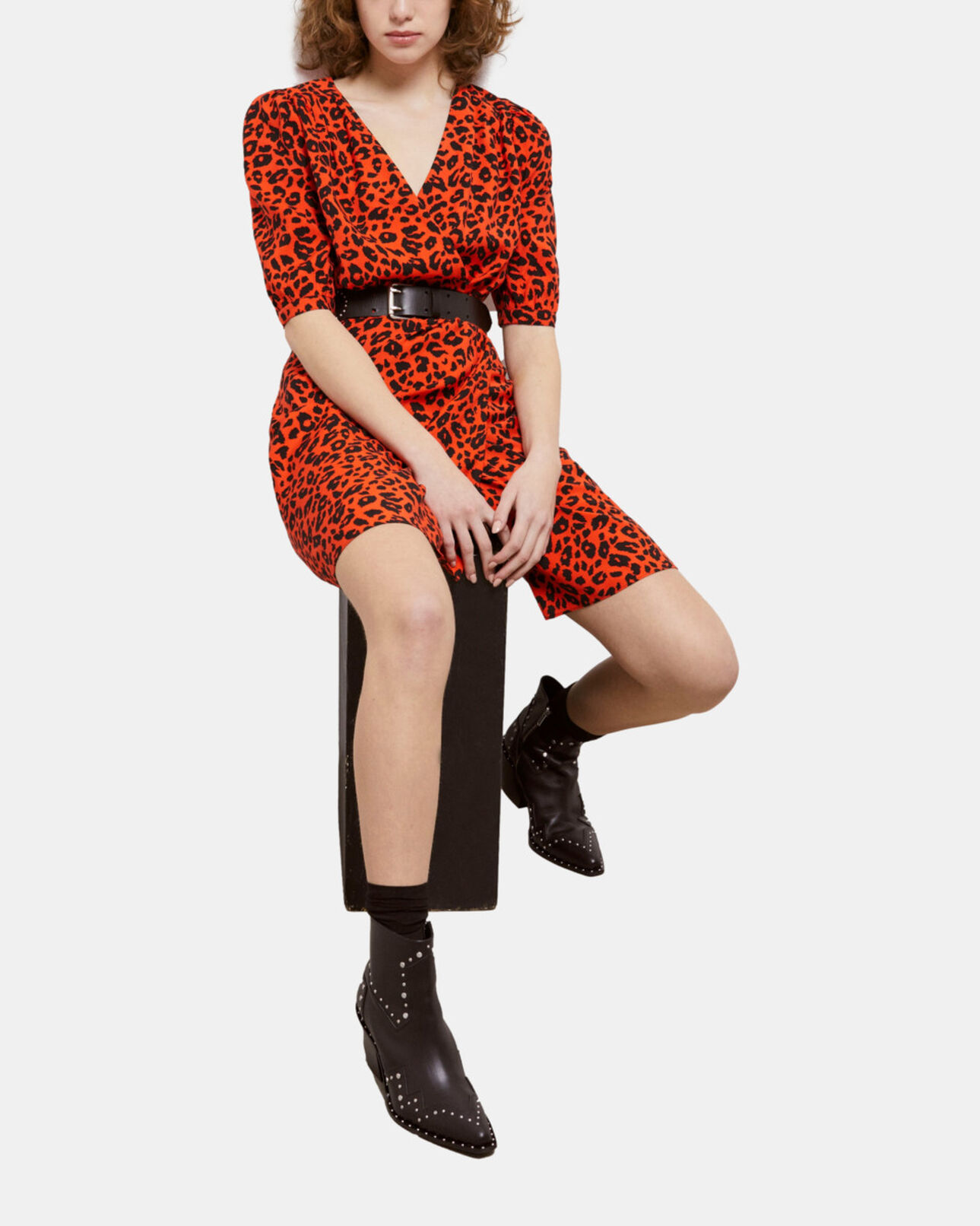 The Kooples WOMEN ORANGE - BLACK leopard print short dress