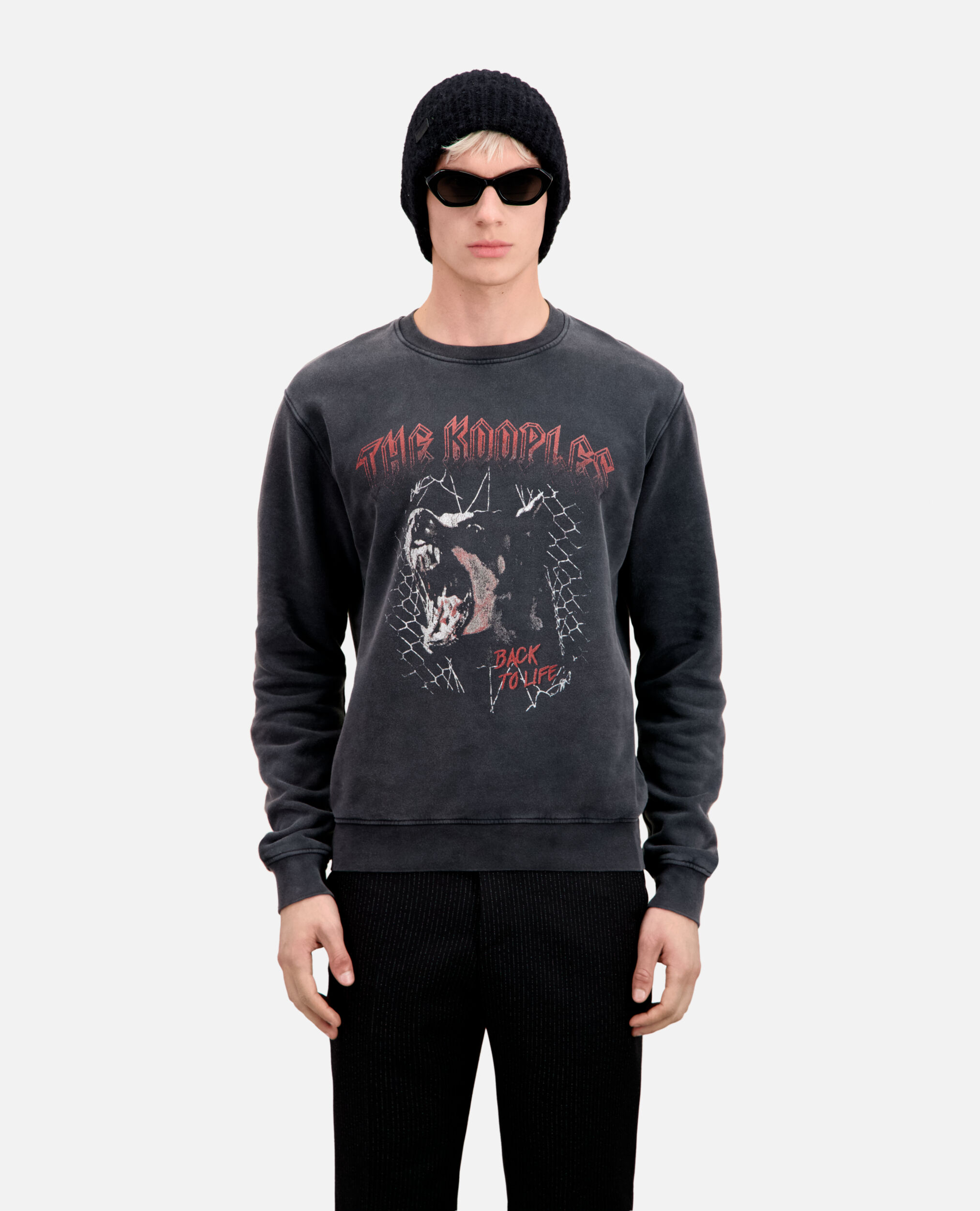 Herren Schwarzes Sweatshirt mit Barking-Dog-Siebdruck, BLACK WASHED, hi-res image number null