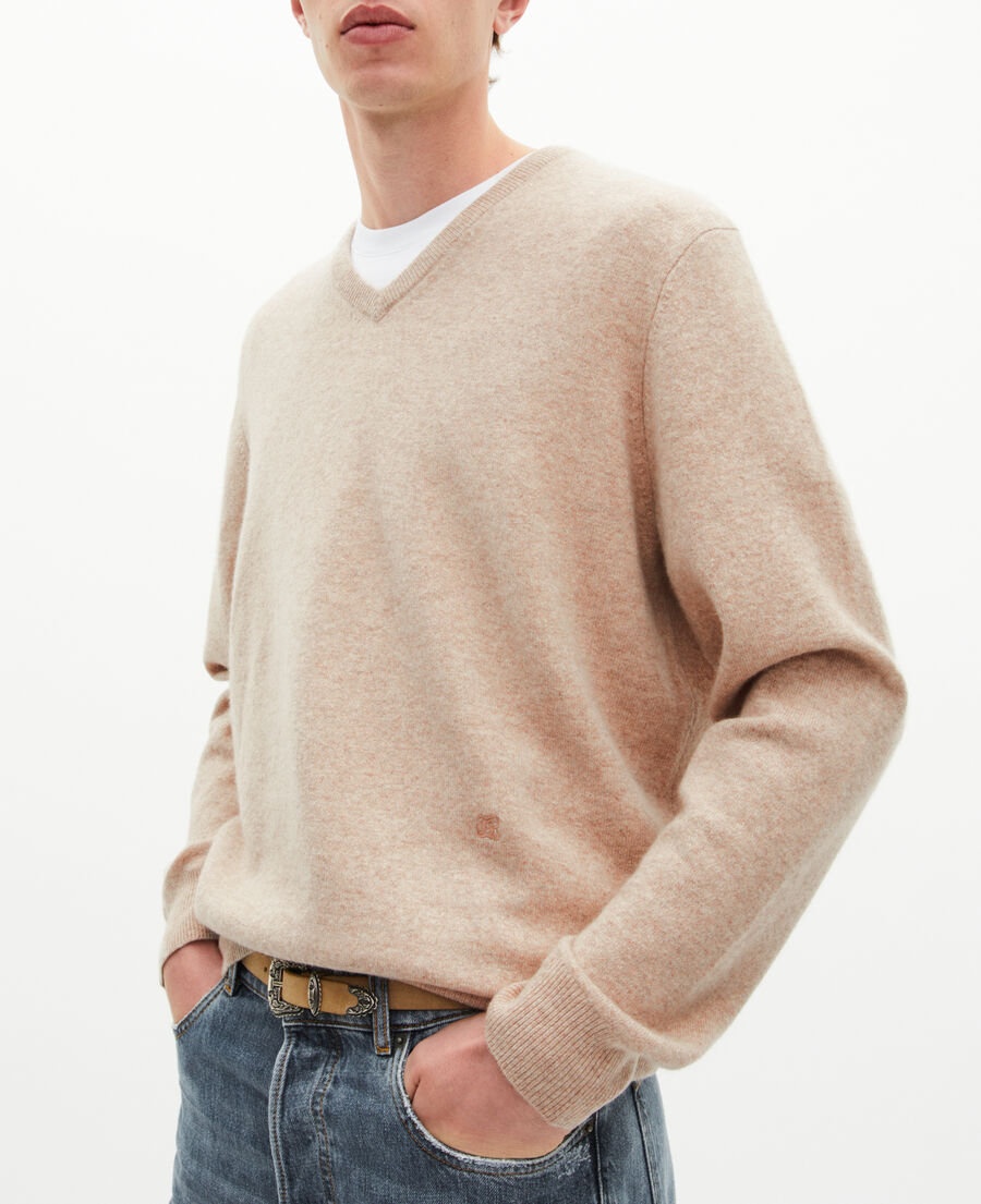 The Kooples HOMBRE BEIGE MELANGE jersey de cachemira beige con cuello de pico