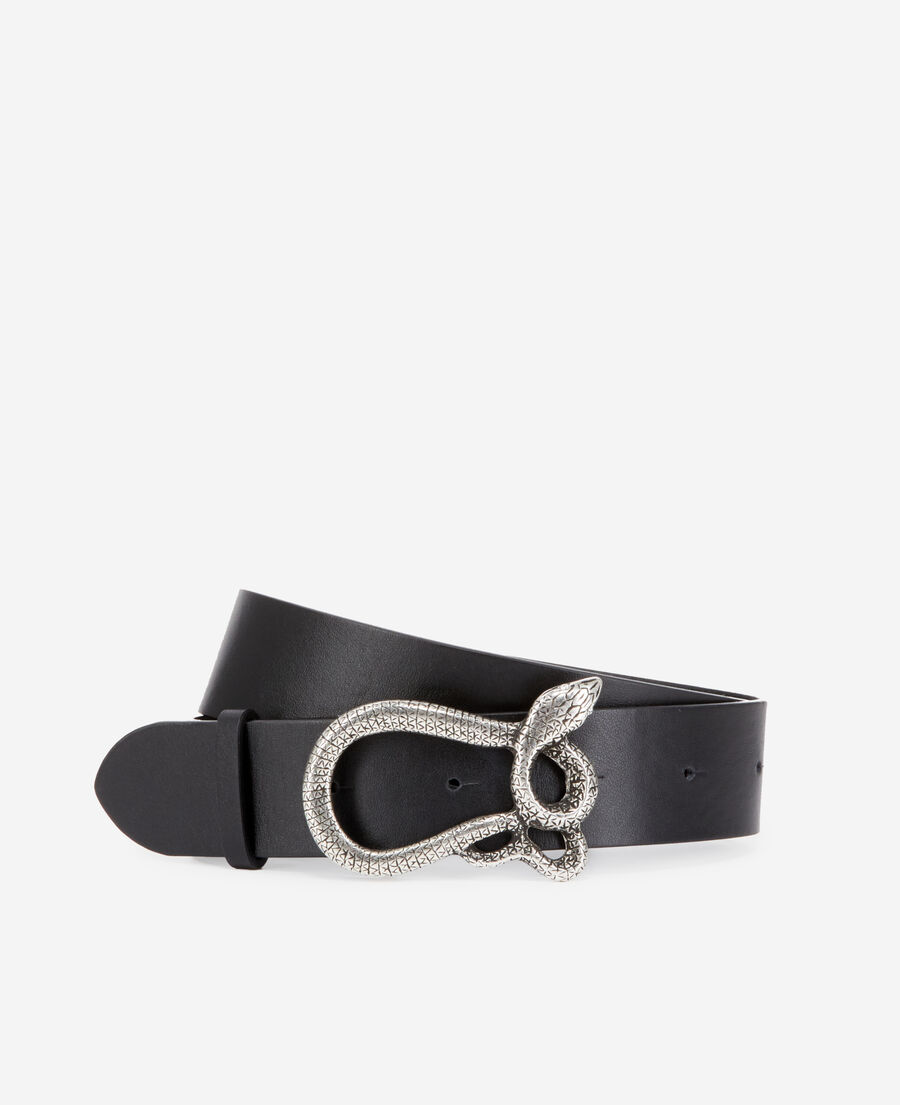 black leather belt with snake buckle