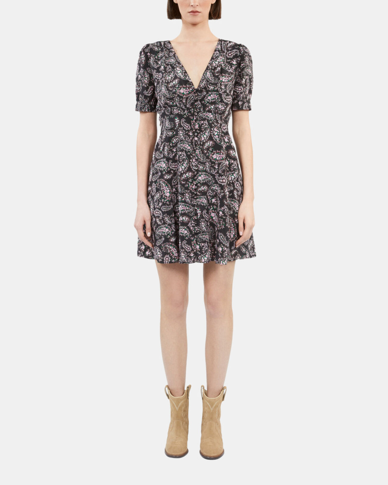 The Kooples WOMEN BLACK / PINK black and pink paisley print short dress with buttons