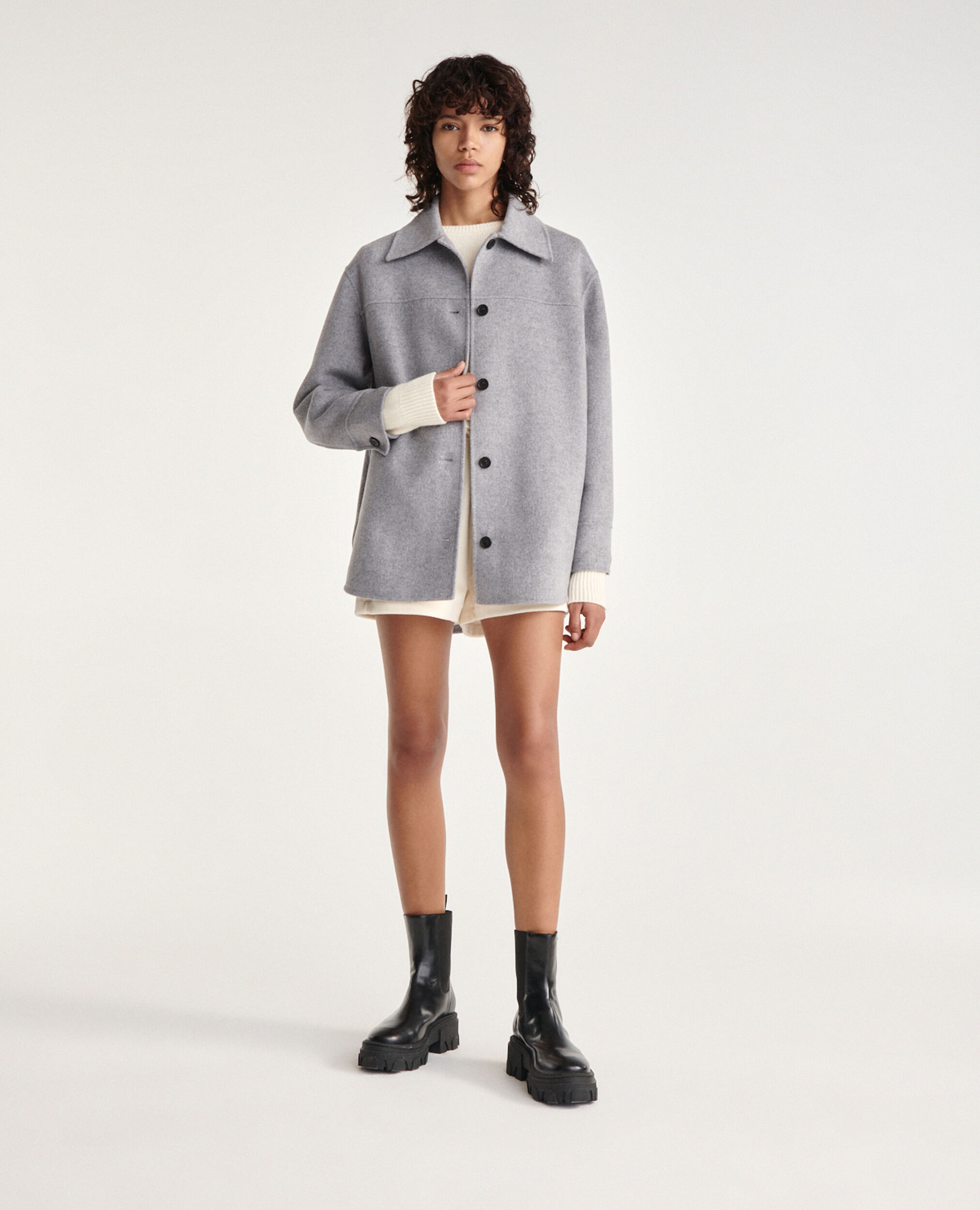Double-faced wool light gray collar jacket, GREY, hi-res image number null