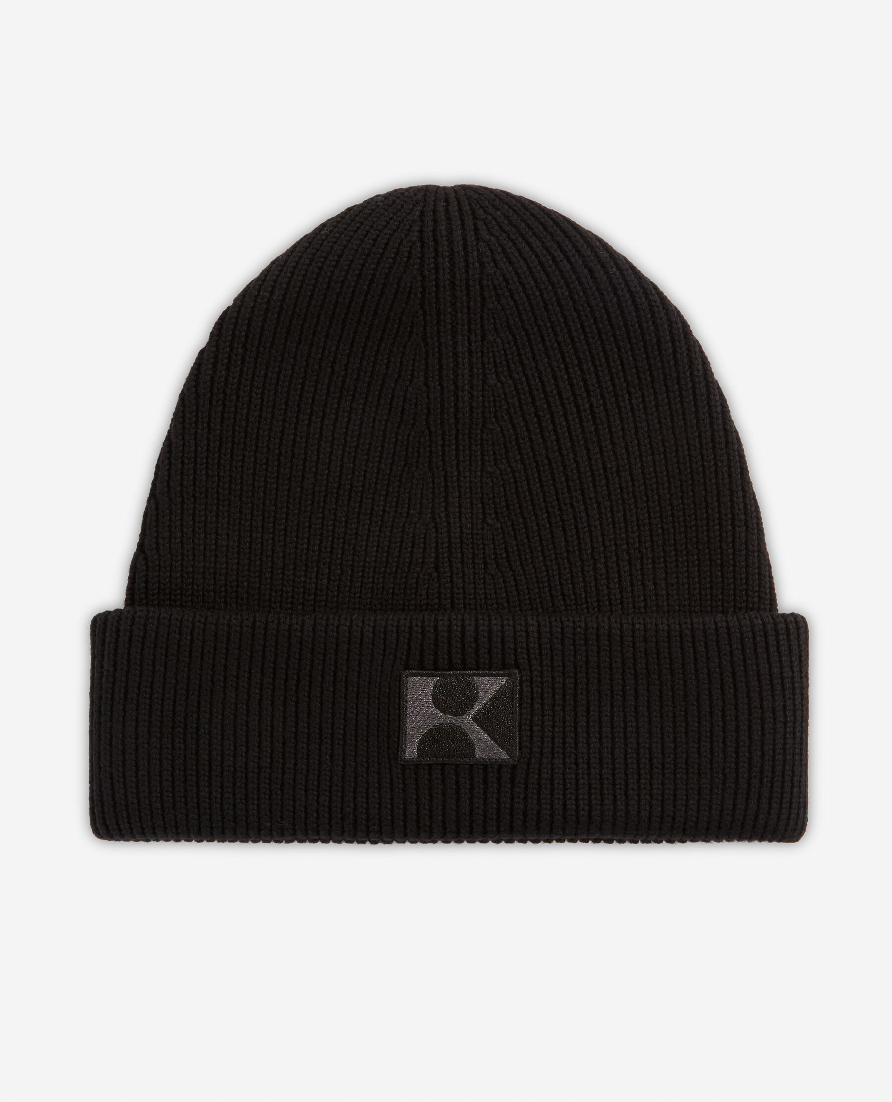 Black wool beanie with embroidered K patch