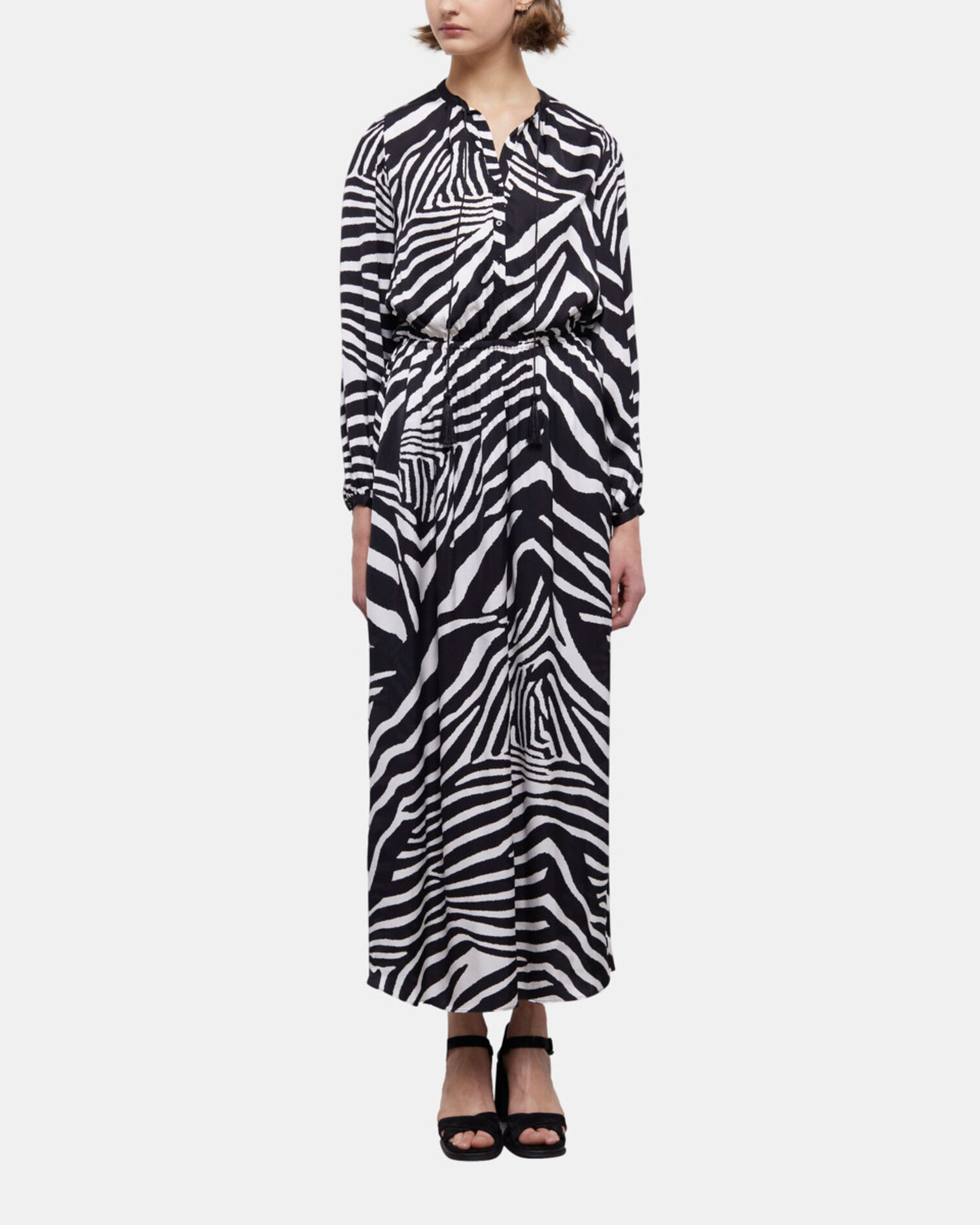 Langes schwarzes Kleid mit Print, BLACK WHITE, hi-res image number null