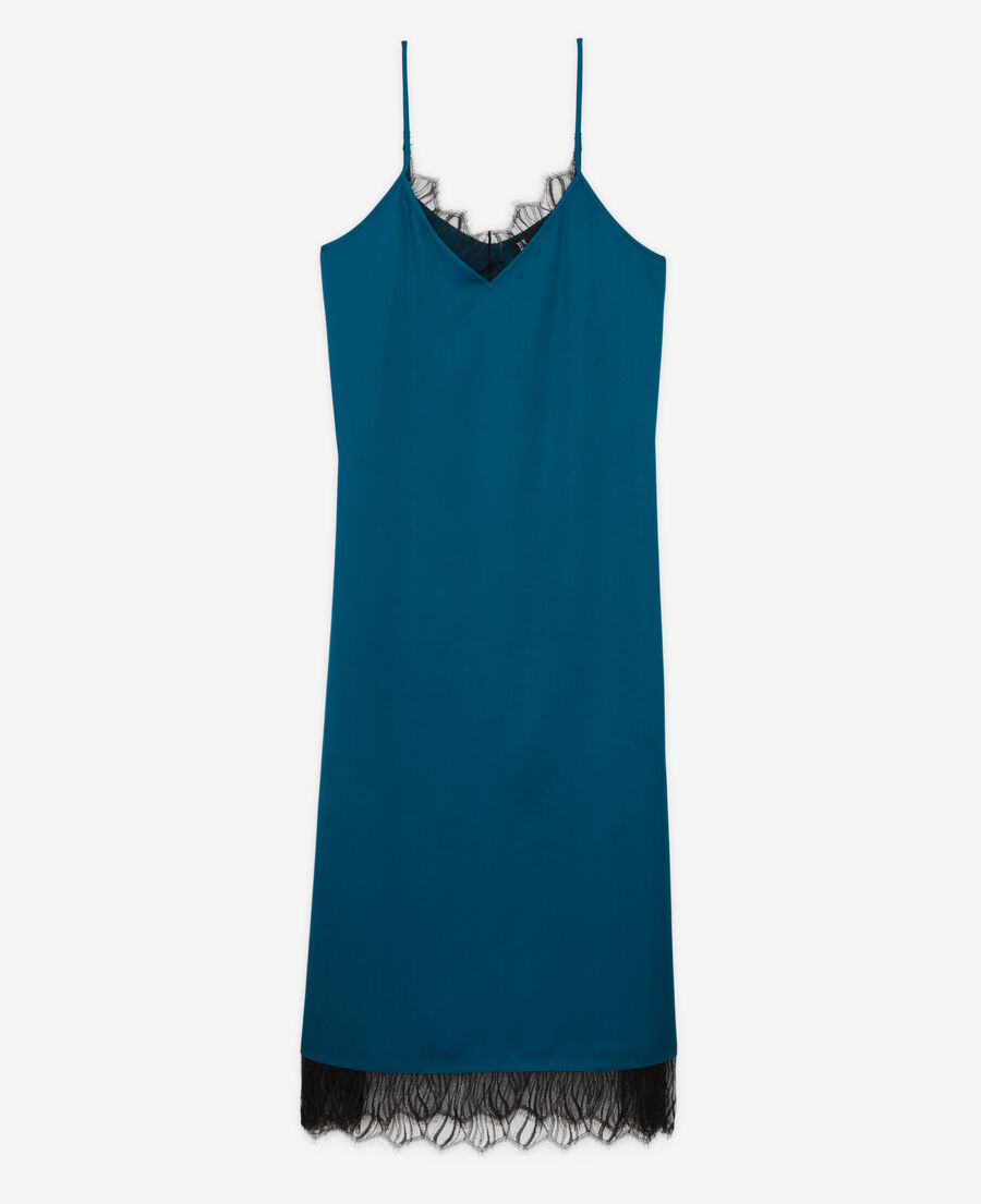 long blue slip dress with lace details