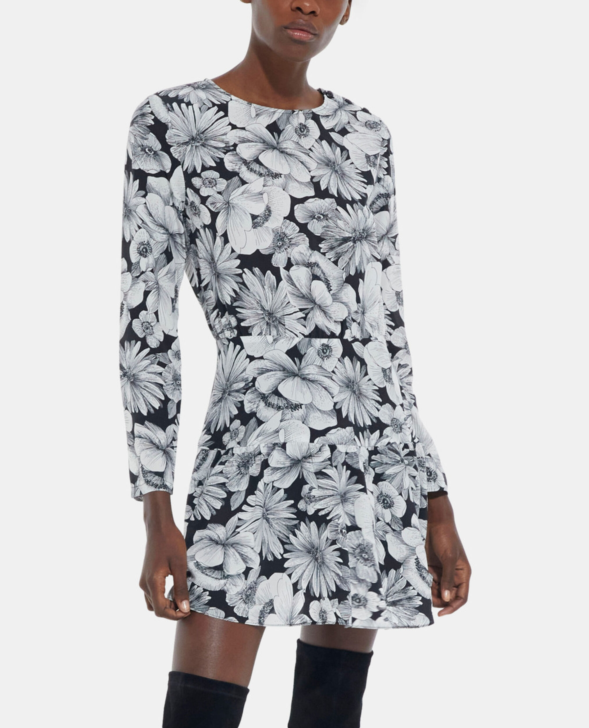 Short floral silk dress, BLACK WHITE, hi-res image number null