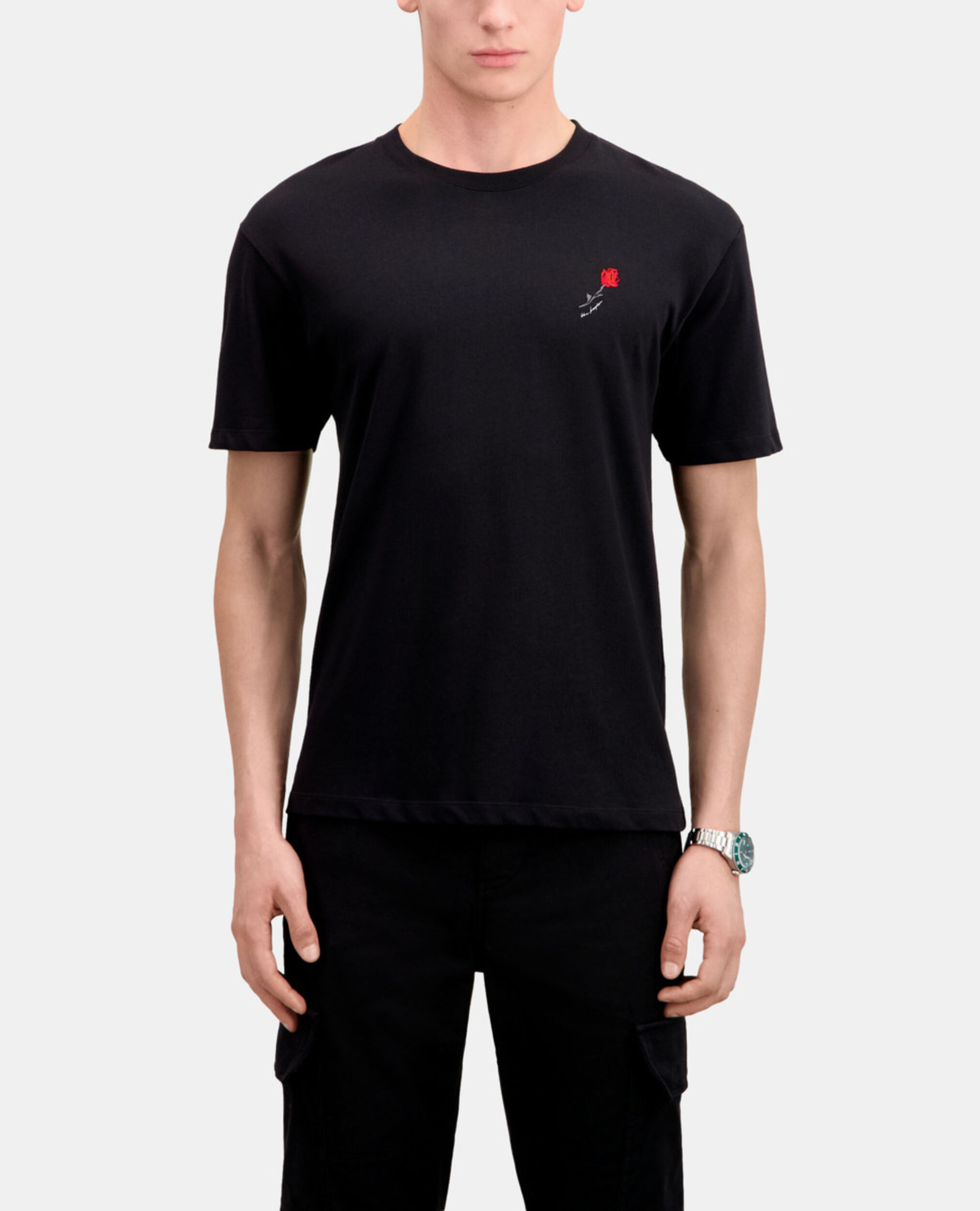 Men's black t-shirt with flower embroidery, BLACK, hi-res image number null