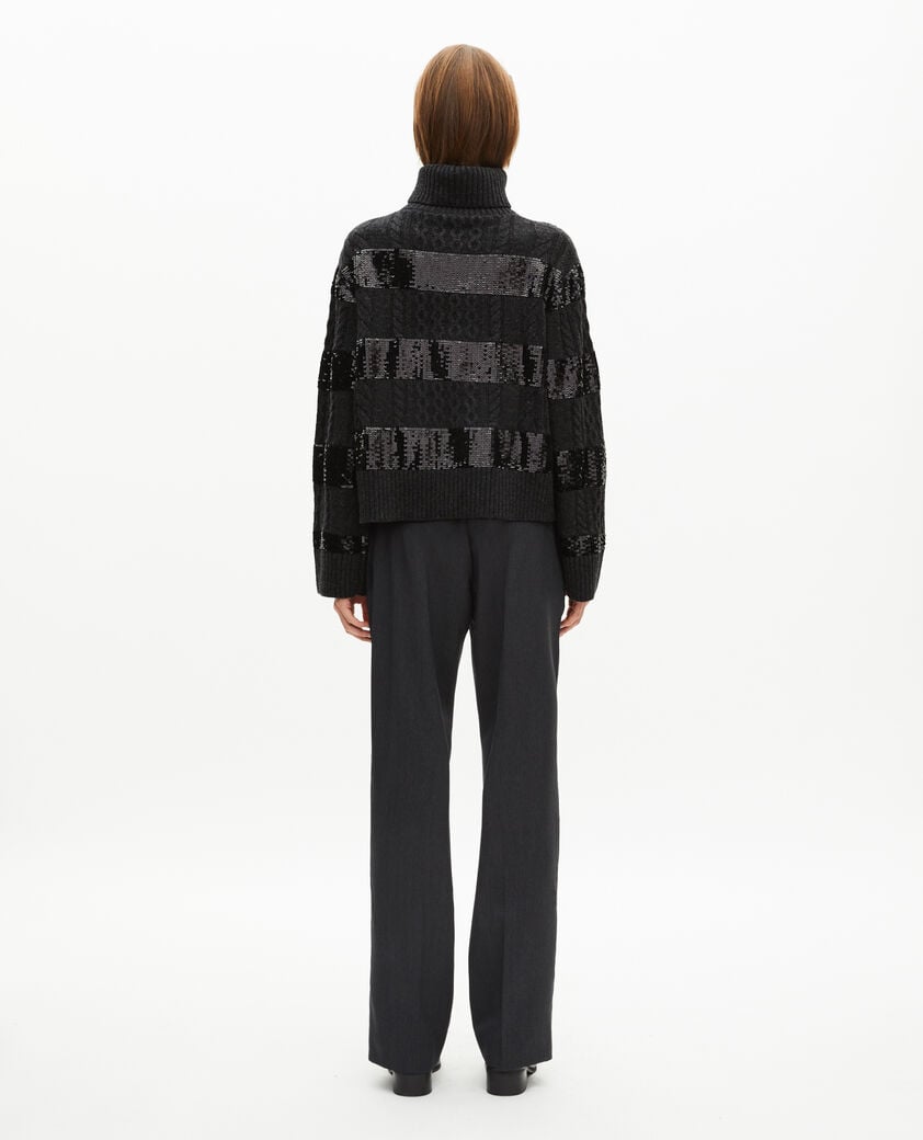 The Kooples F BLACK dark grey turtleneck sweater with sequin stripes