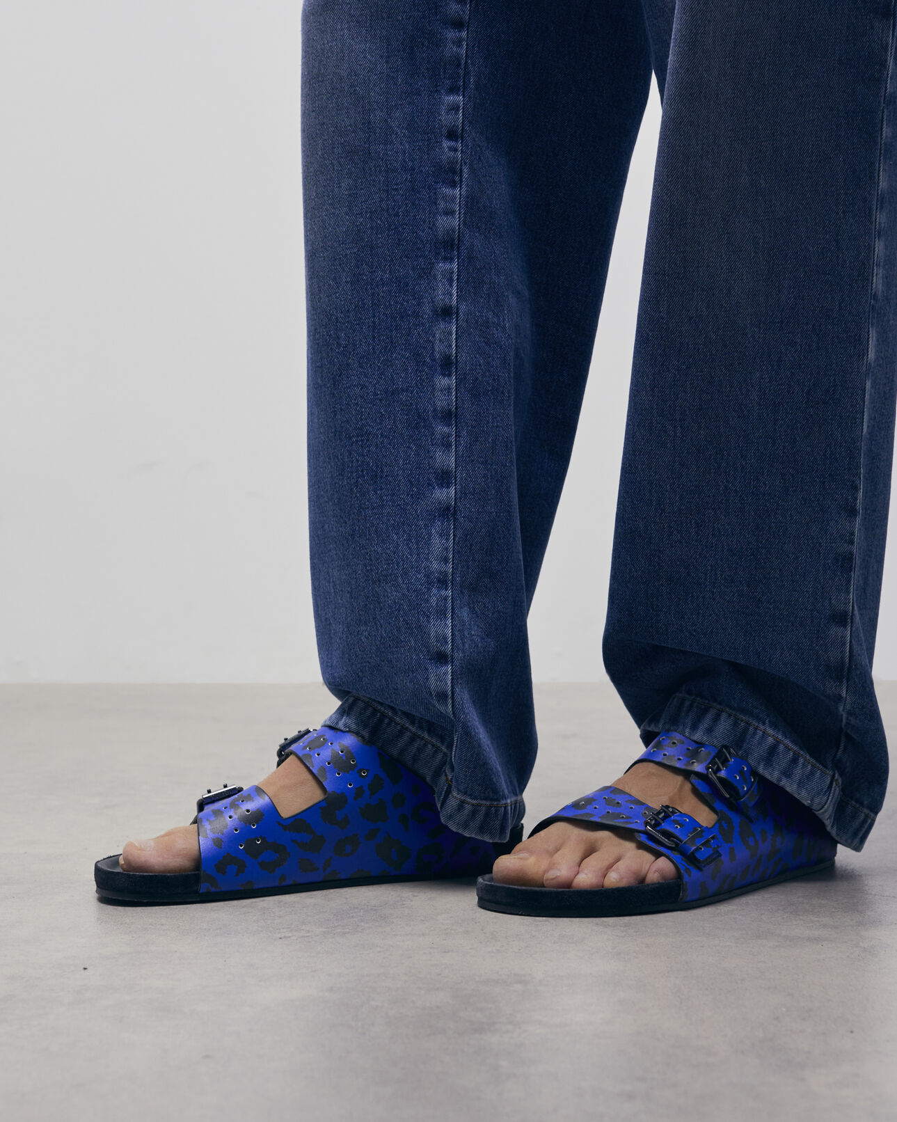 The Kooples MEN BLUE blue leather leopard-print sandals