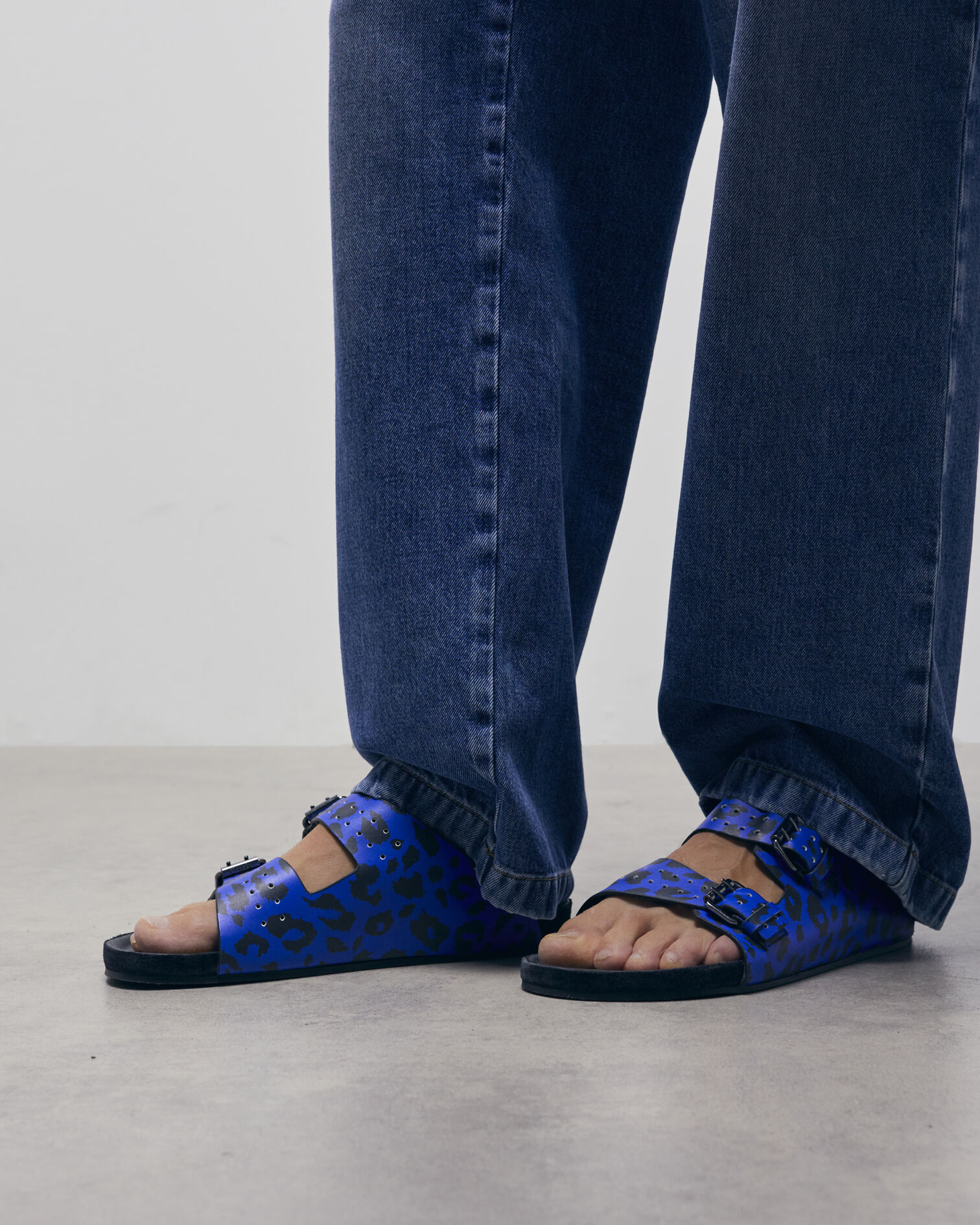 Blue leather leopard-print sandals, BLUE, hi-res image number null