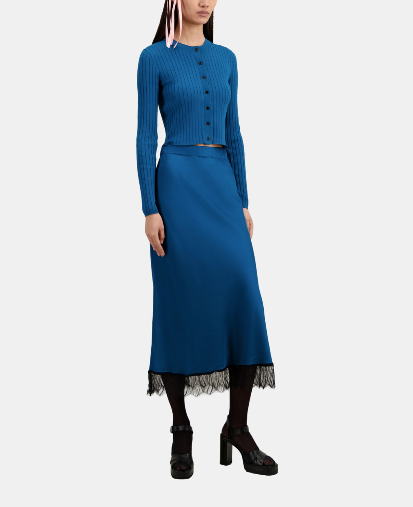 The Kooples FEMME MEDIUM BLUE jupe bleue longue avec détails en dentelle