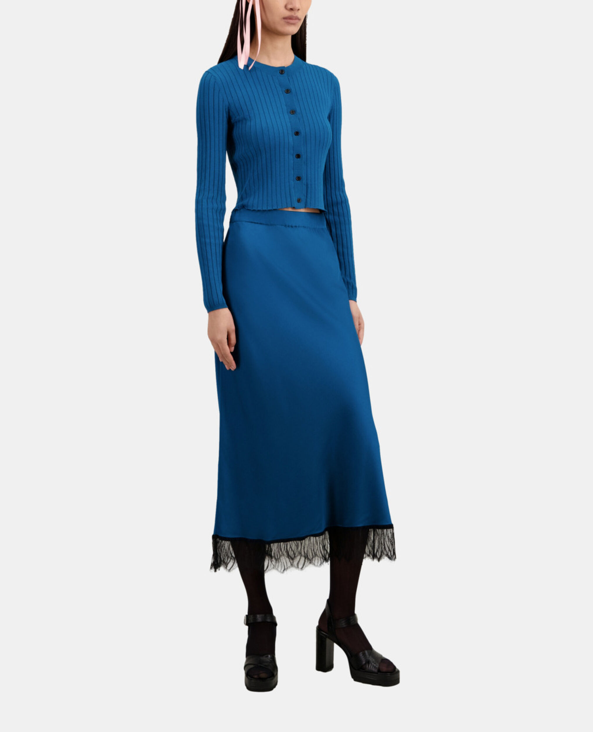 Jupe bleue longue avec détails en dentelle, MEDIUM BLUE, hi-res image number null