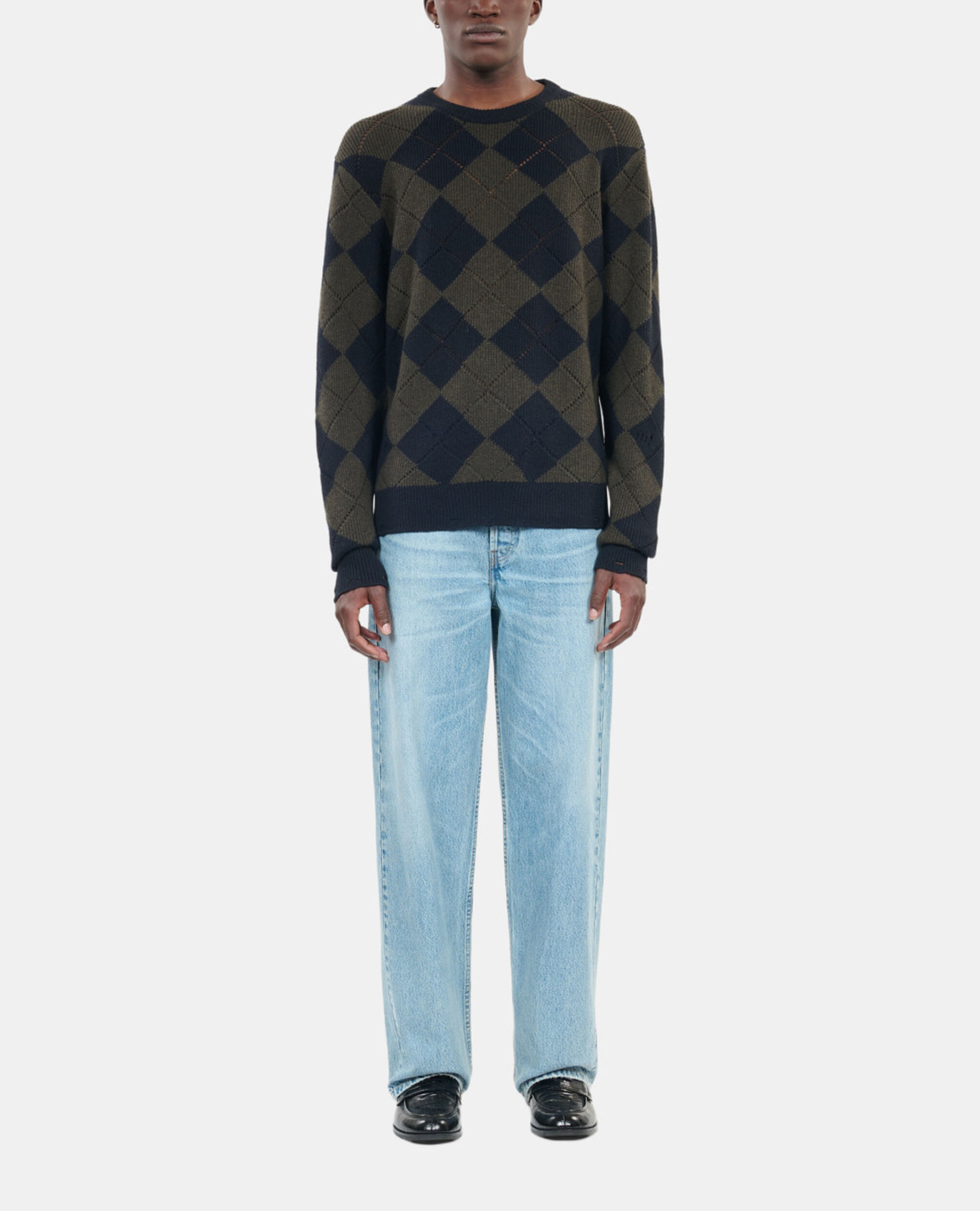 Black and khaki diamond sweater, GREEN NAVY, hi-res image number null