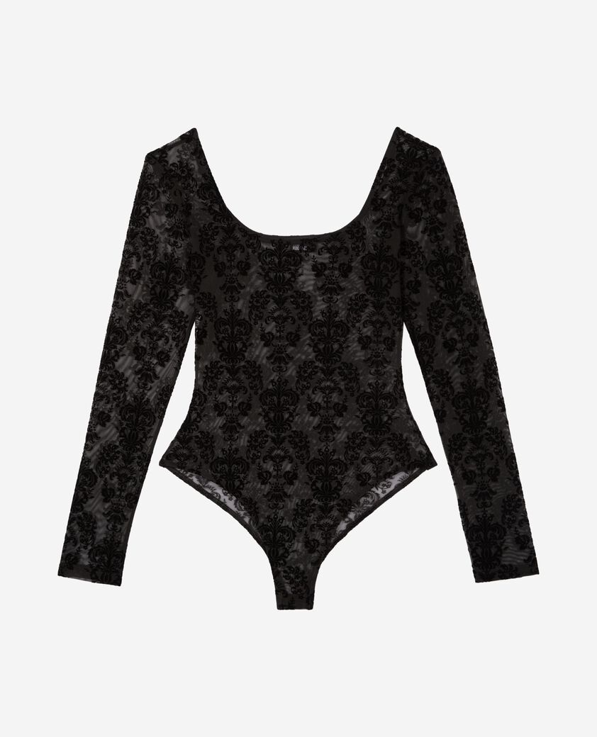 The Kooples WOMEN BLACK mesh bodysuit with black flocking
