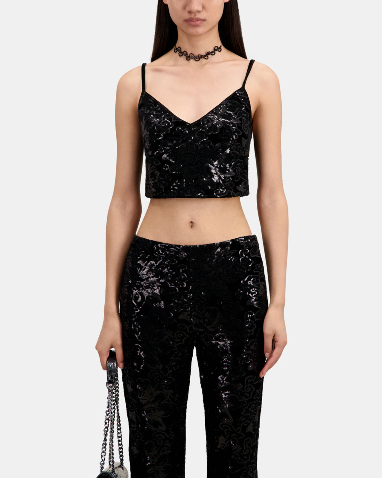 The Kooples DAMEN BLACK schwarze hose aus samt mit pailletten