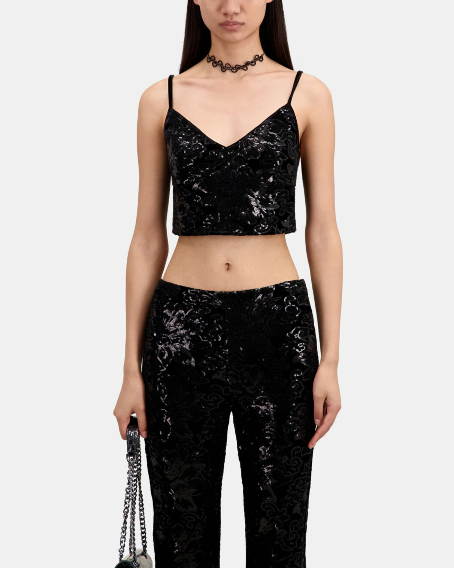Schwarze Hose aus Samt mit Pailletten, BLACK, hi-res image number null