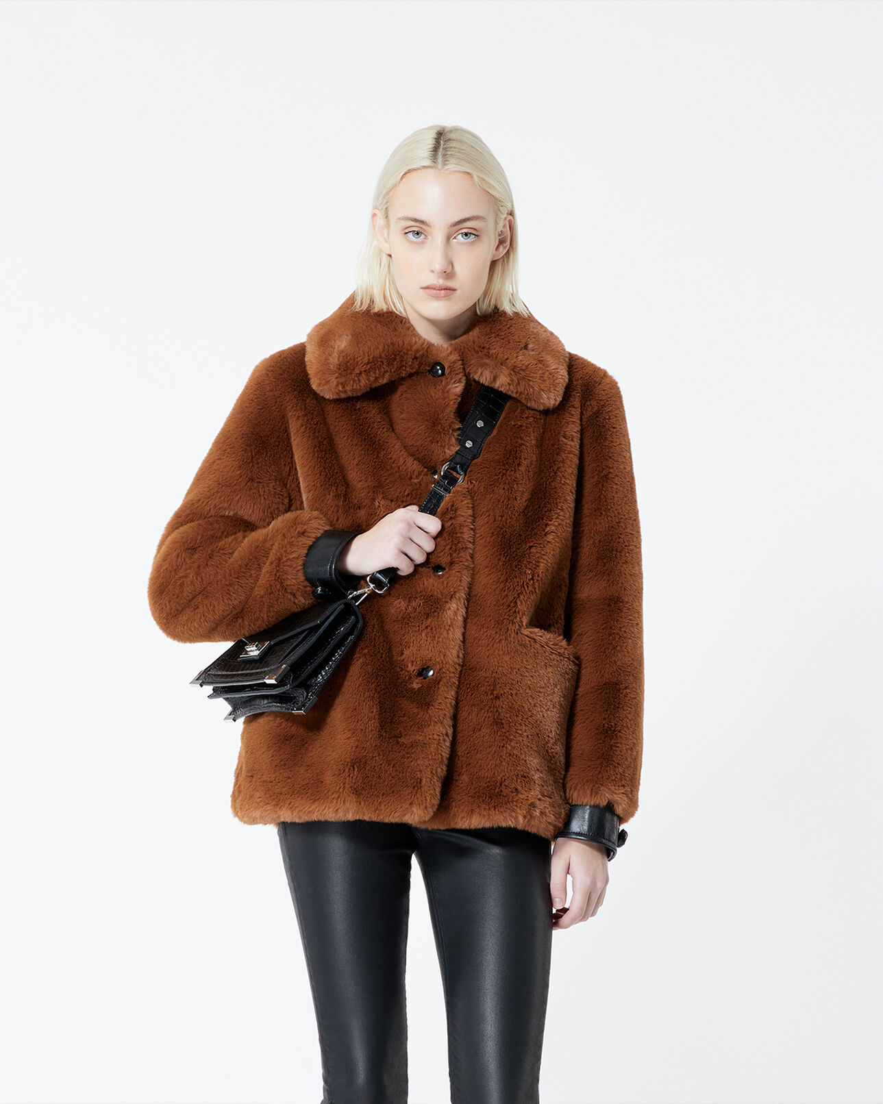 The Kooples WOMEN COGNAC brown faux fur coat with leather details
